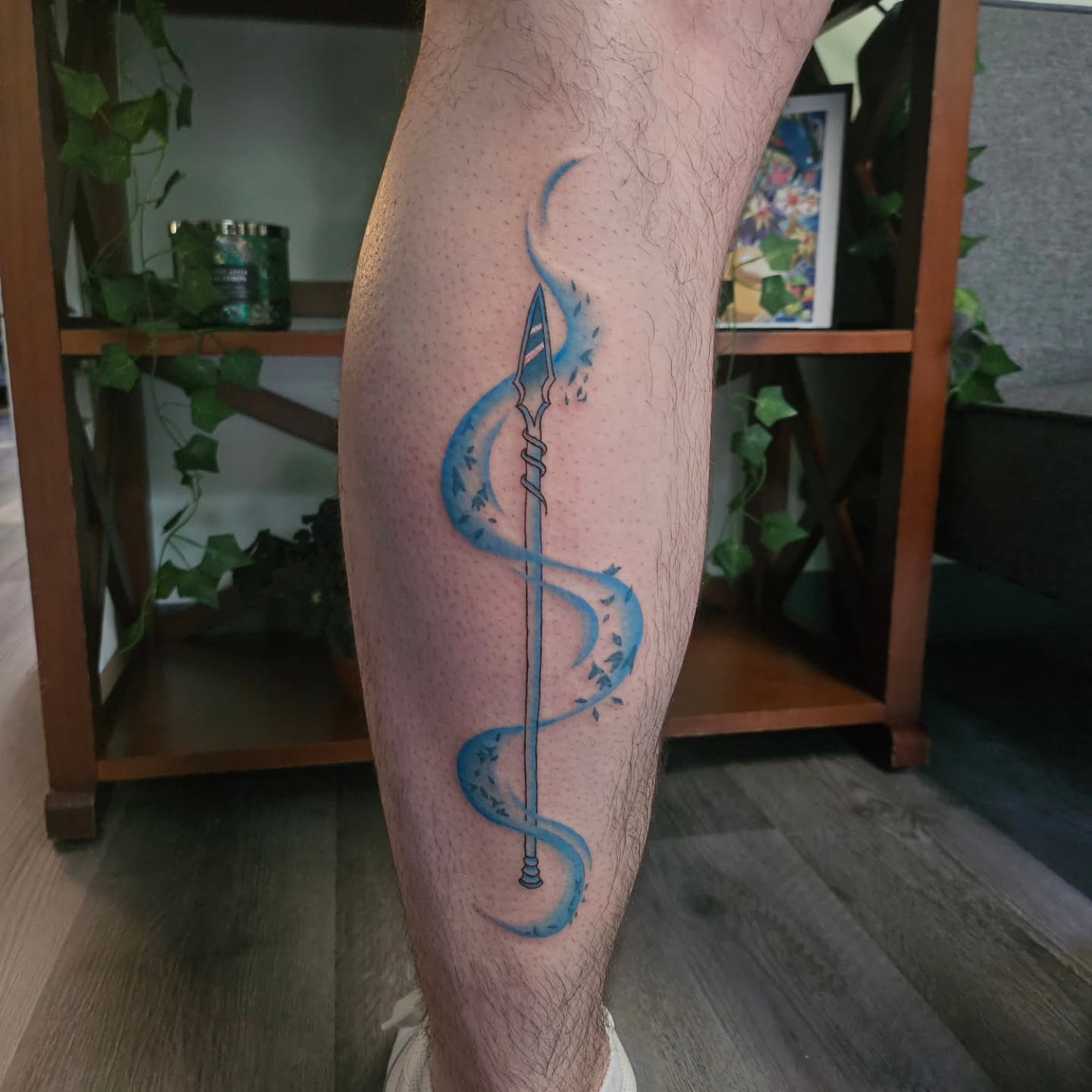 Spear and snake new school tattoo on the calf by ݁˖