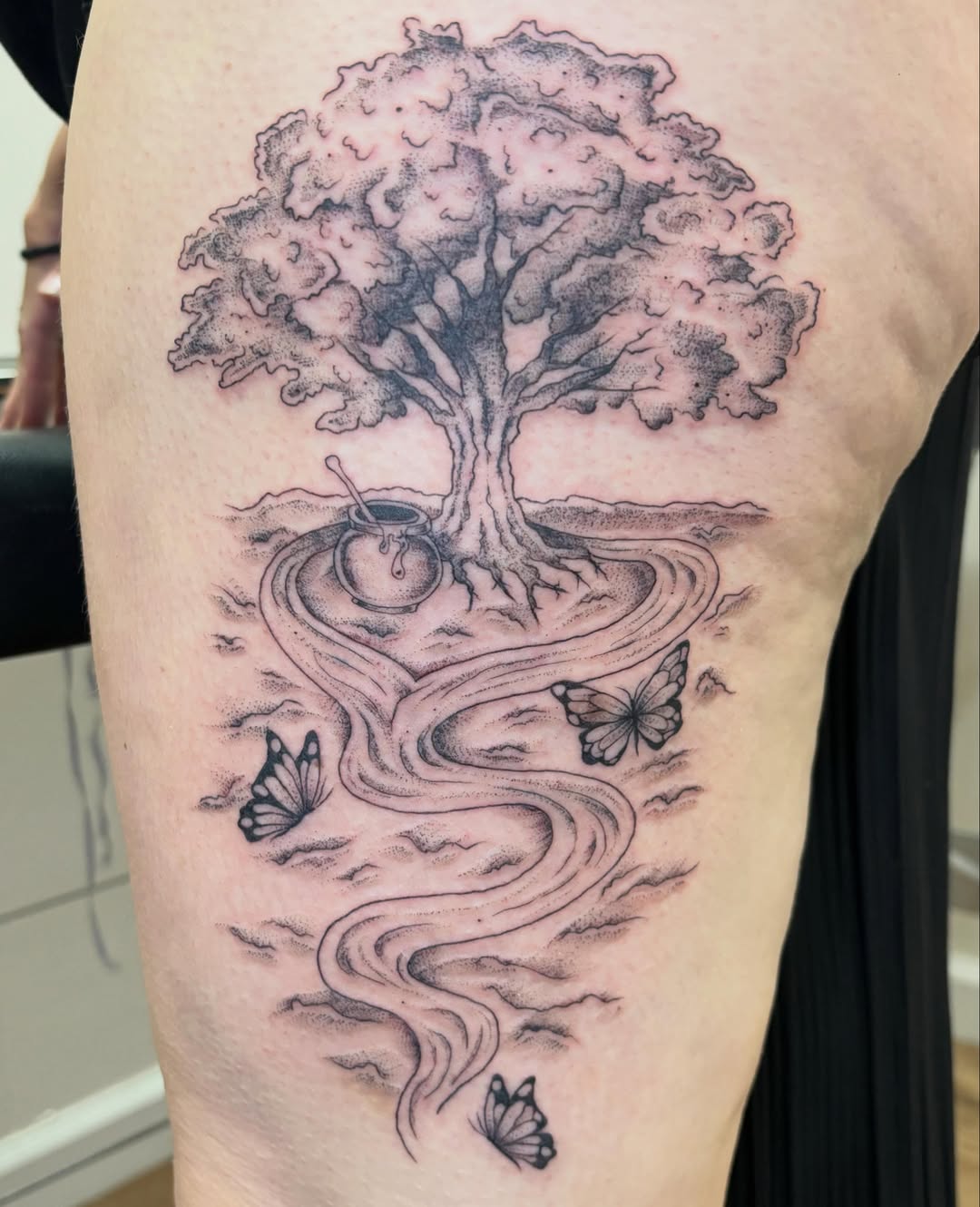 Tattoo by @athenaartistrytattoostudio — dotwork, black_and_grey