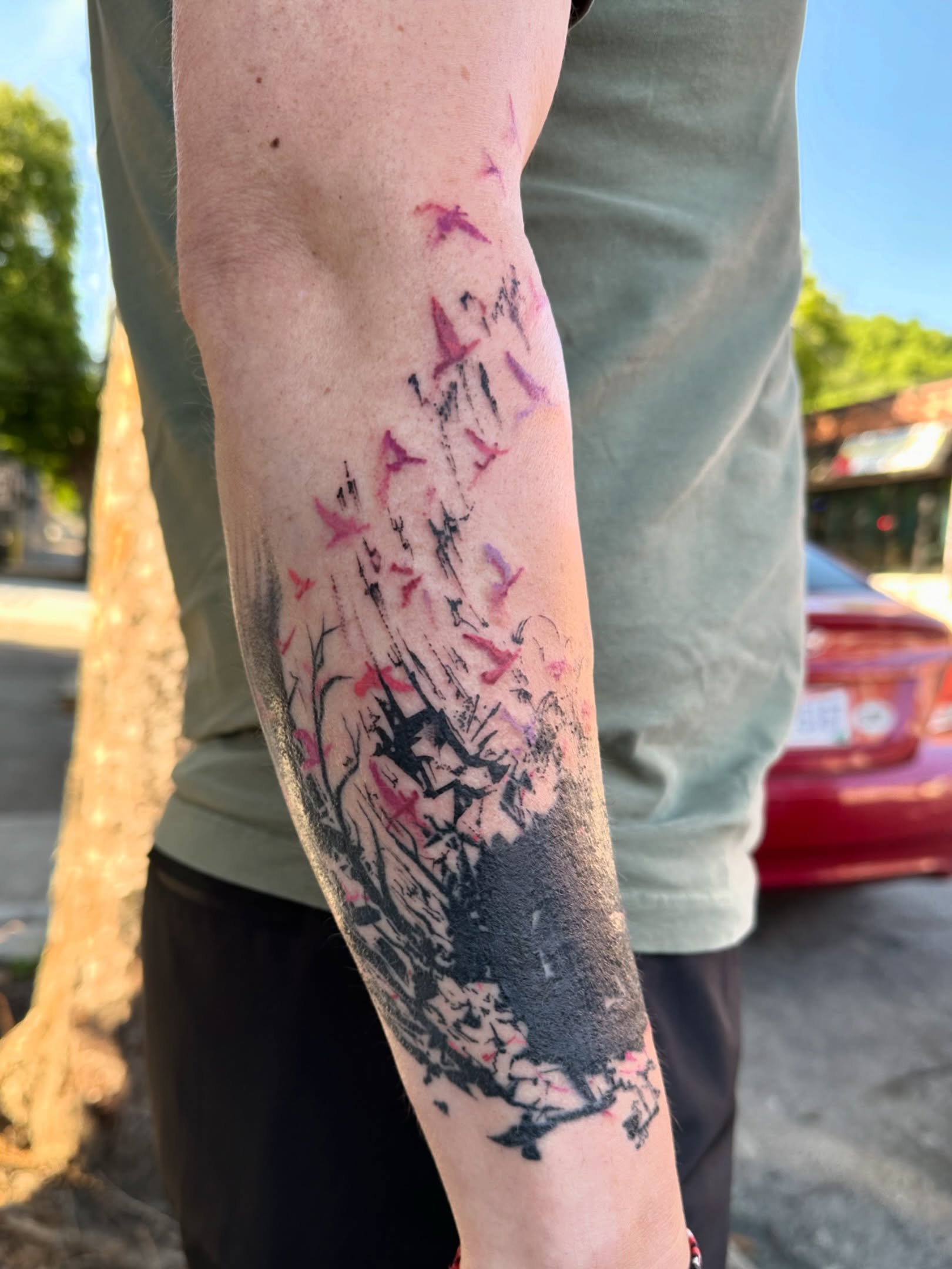 Cherry blossoms and birds dotwork tattoo on the forearm by reid - tattoo artist