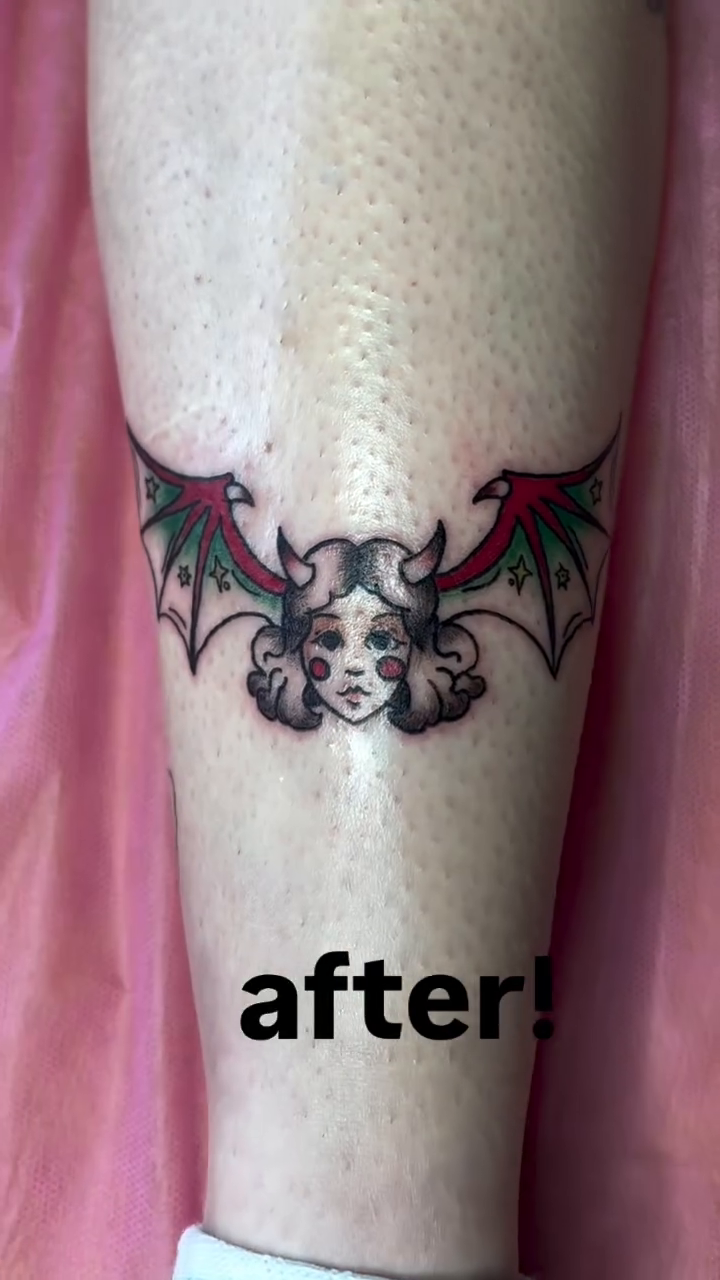 Bat-winged cherub neo-traditional tattoo on the forearm by Hiro Robinson