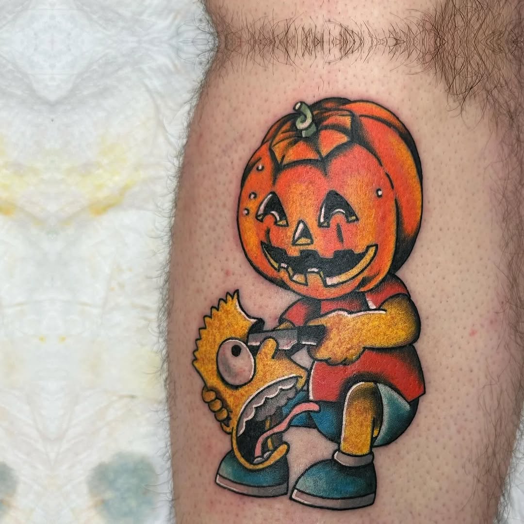 Jack-o'-lantern character holding Bart Simpson new school tattoo on the forearm by Jaleel Trantow