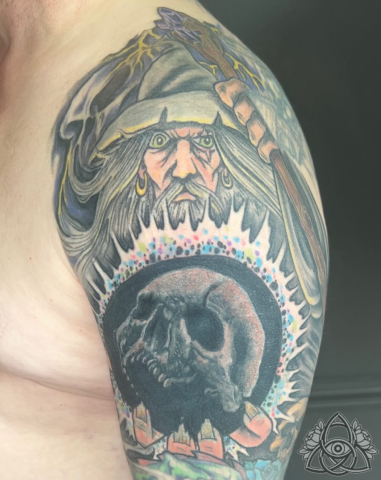 Viking warrior dotwork tattoo on the shoulder by Michael - Tattoo Garden Everett, Everett, Washington