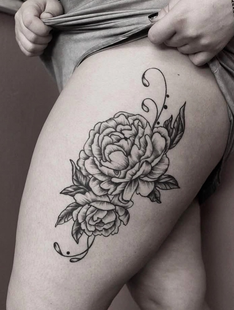 Peonies dotwork tattoo on the thigh by Yana Aizen