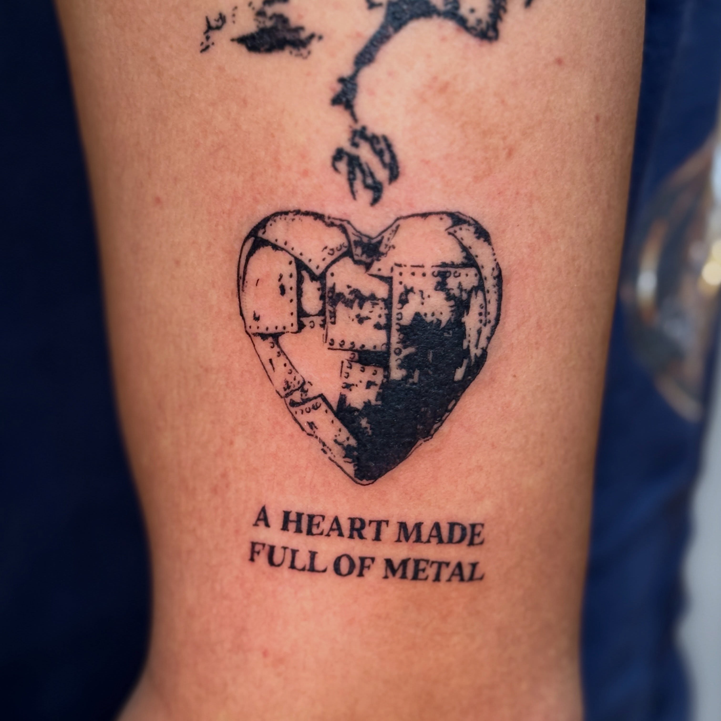Heart made full of metal black and grey tattoo on the forearm by ink by kimmy ☾⋆⁺₊⋆