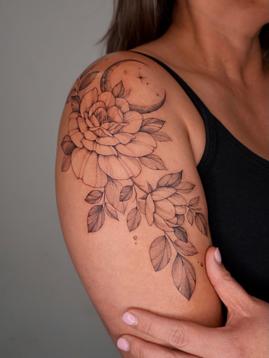 Flower and moon black and grey tattoo on the shoulder by Hyn[hin]