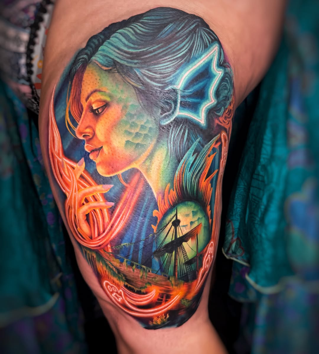 Mermaid and shipwreck neo-traditional tattoo on the thigh by Tattoos by Hanna, Farmington Hills, Michigan