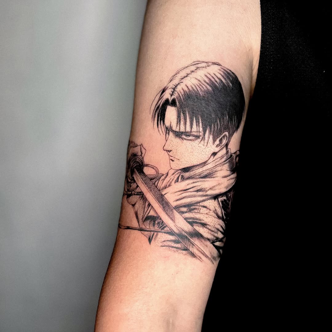 Tattoo by @jojotattooo — anime, black_and_grey
