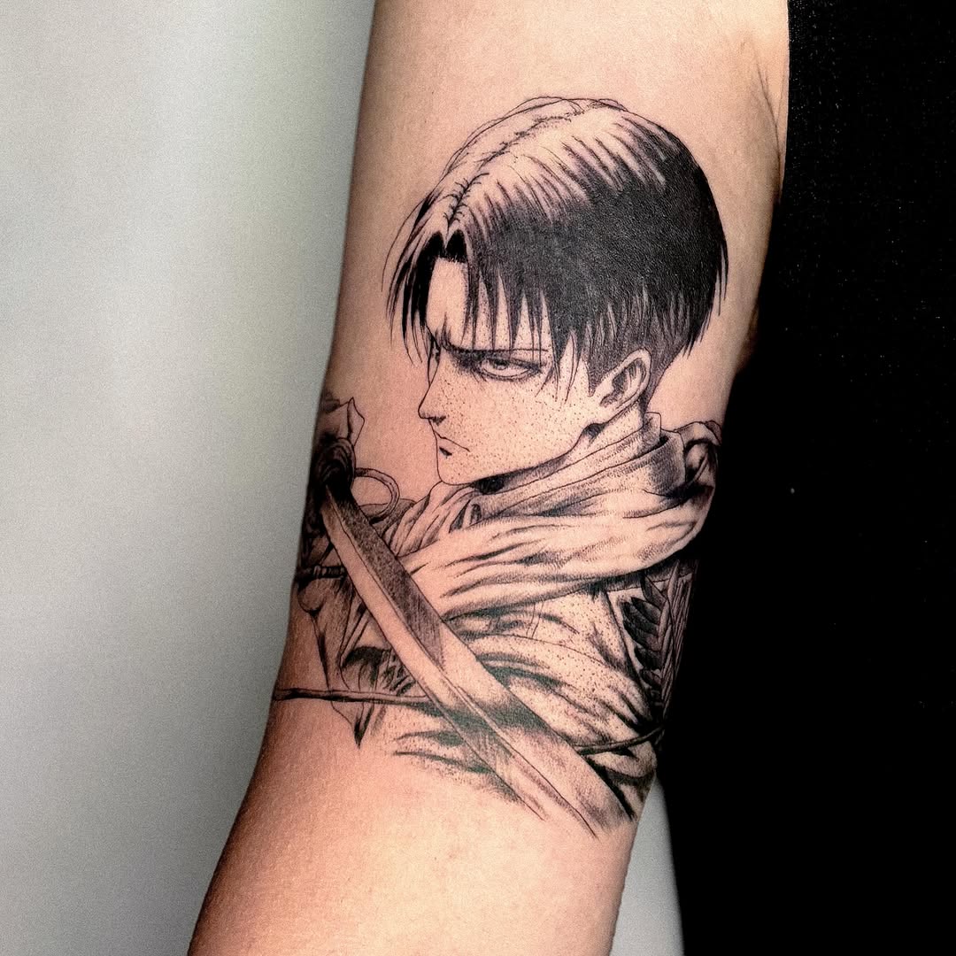 Tattoo by @jojotattooo — anime, black_and_grey