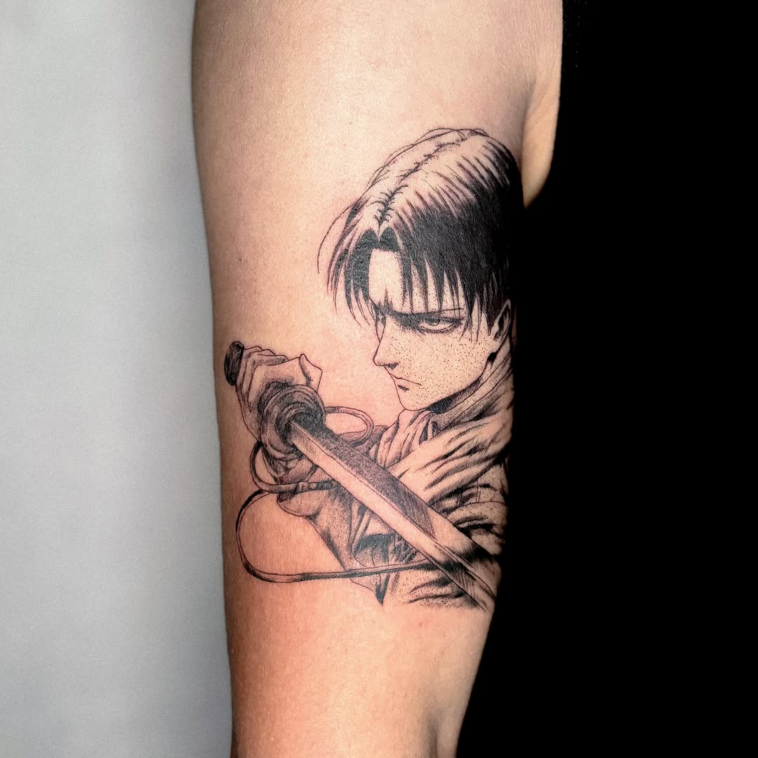 Tattoo by @jojotattooo — anime, black_and_grey