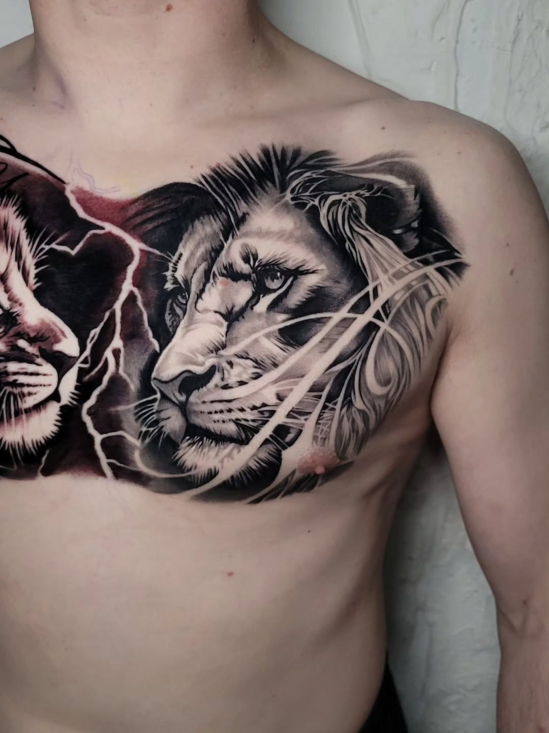 Lions with lightning realism tattoo on the chest by Lukasz Olszanski