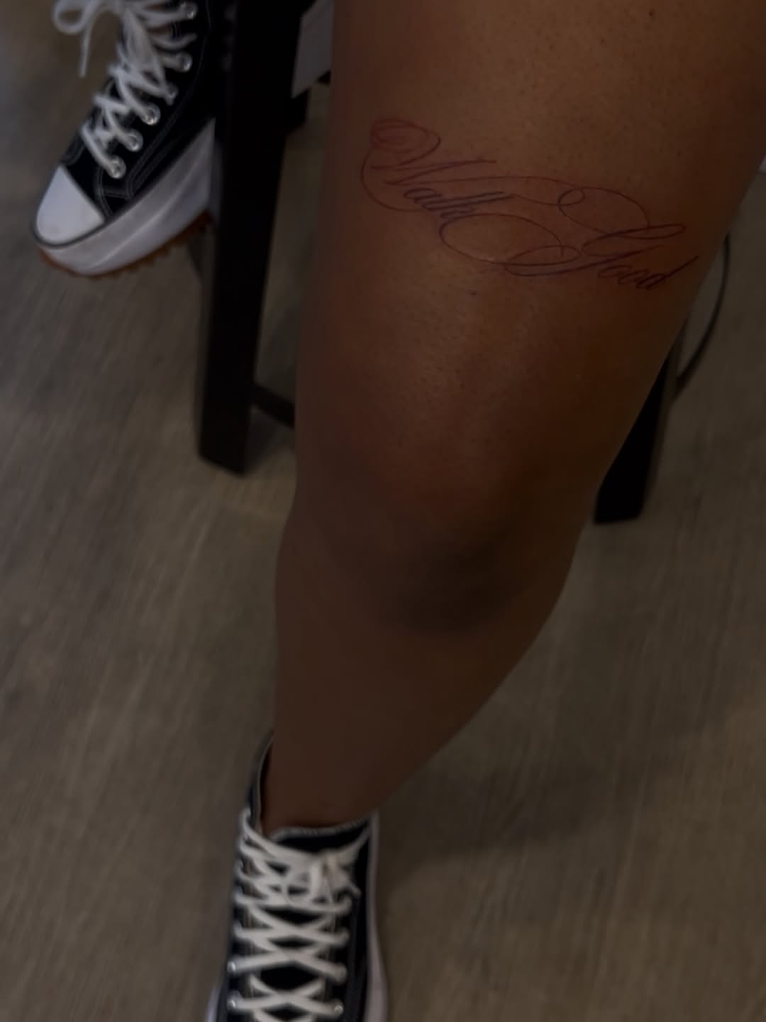Script lettering lettering tattoo on the leg by Miss Moezartt the Multidisciplinary