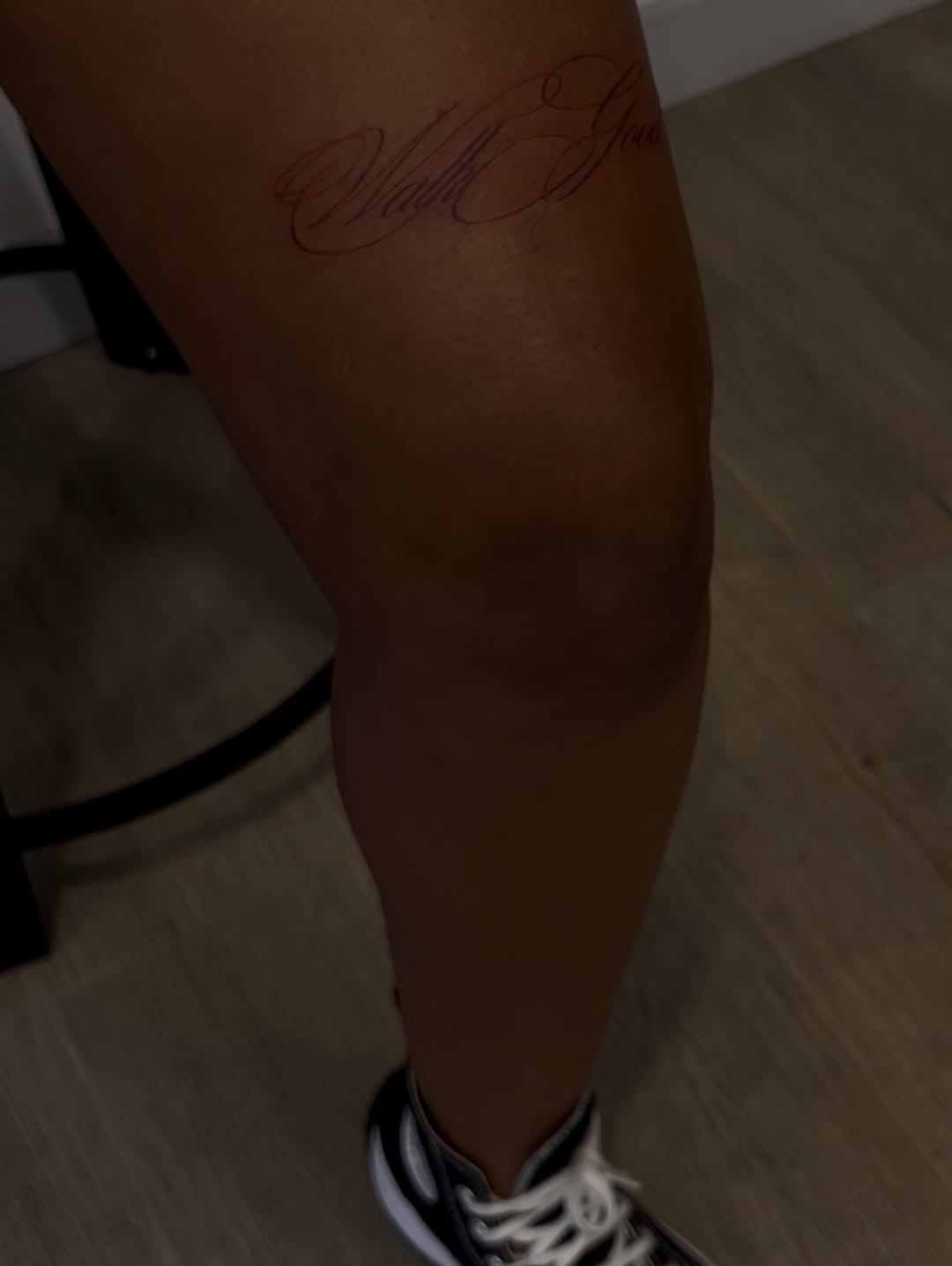 Script lettering lettering tattoo on the leg by Miss Moezartt the Multidisciplinary