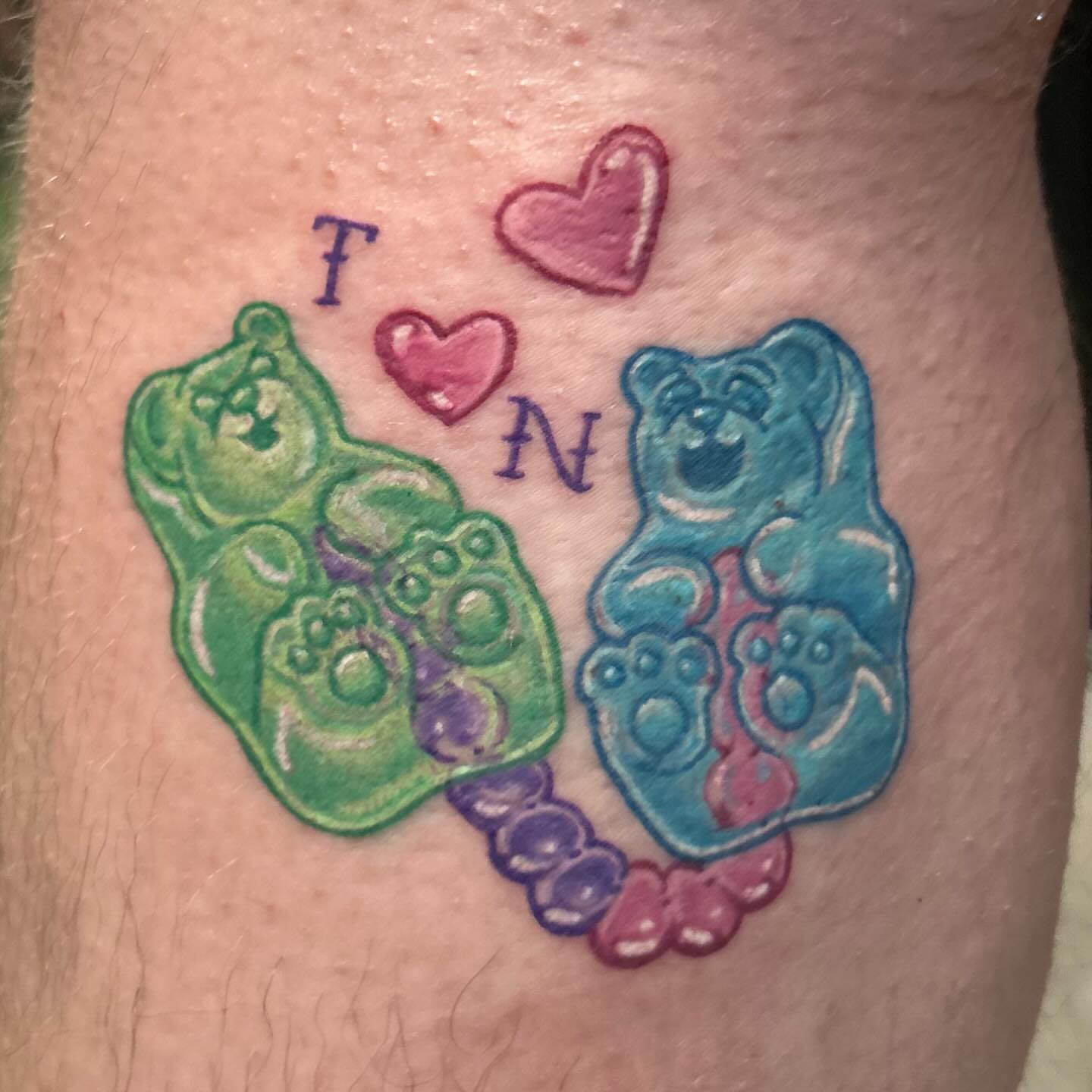 Gummy bears dotwork tattoo on the forearm by Little Inked Faerie, Louisville, Kentucky