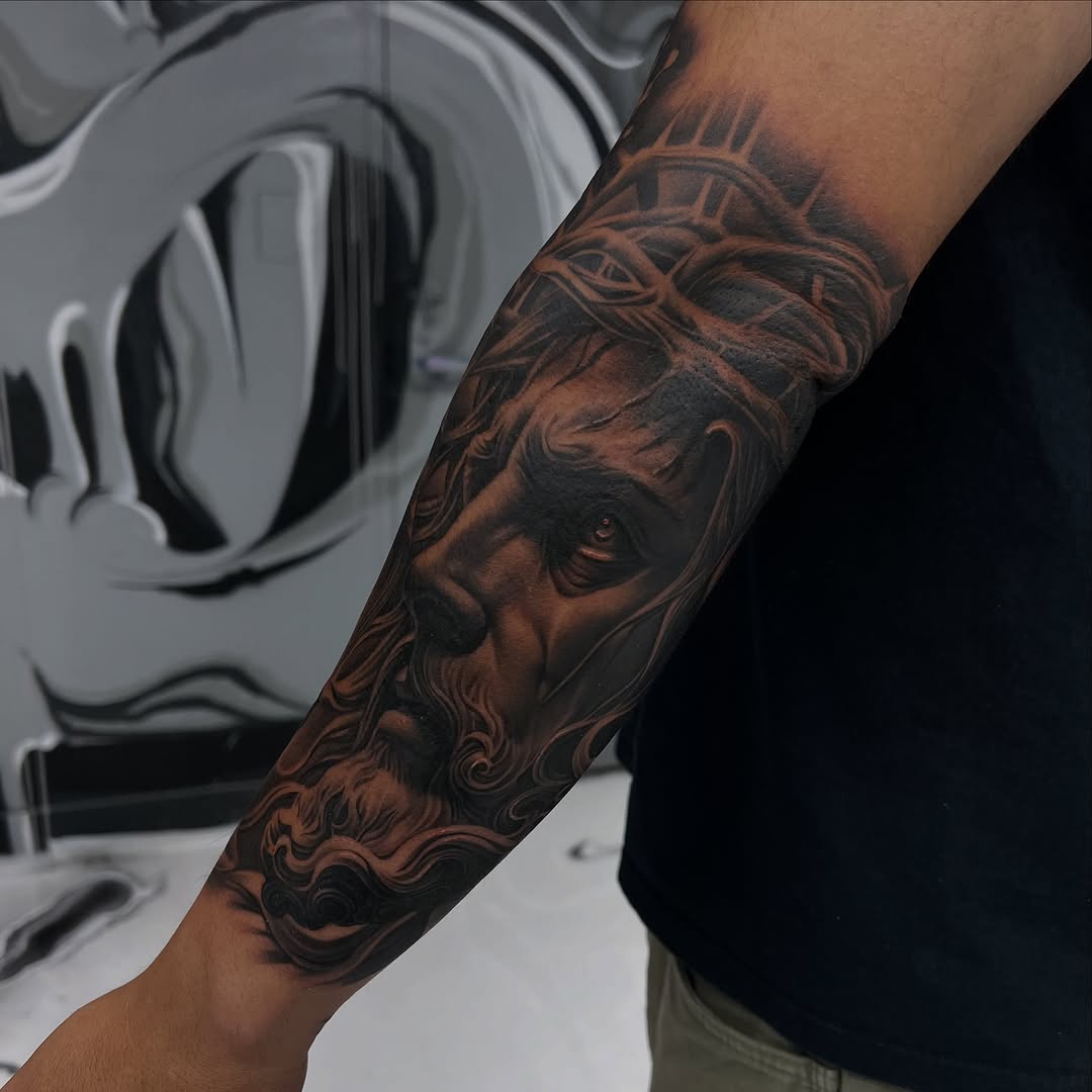 Jesus Christ portrait realism tattoo on the forearm by Antonio Pavić, Los Angeles, California