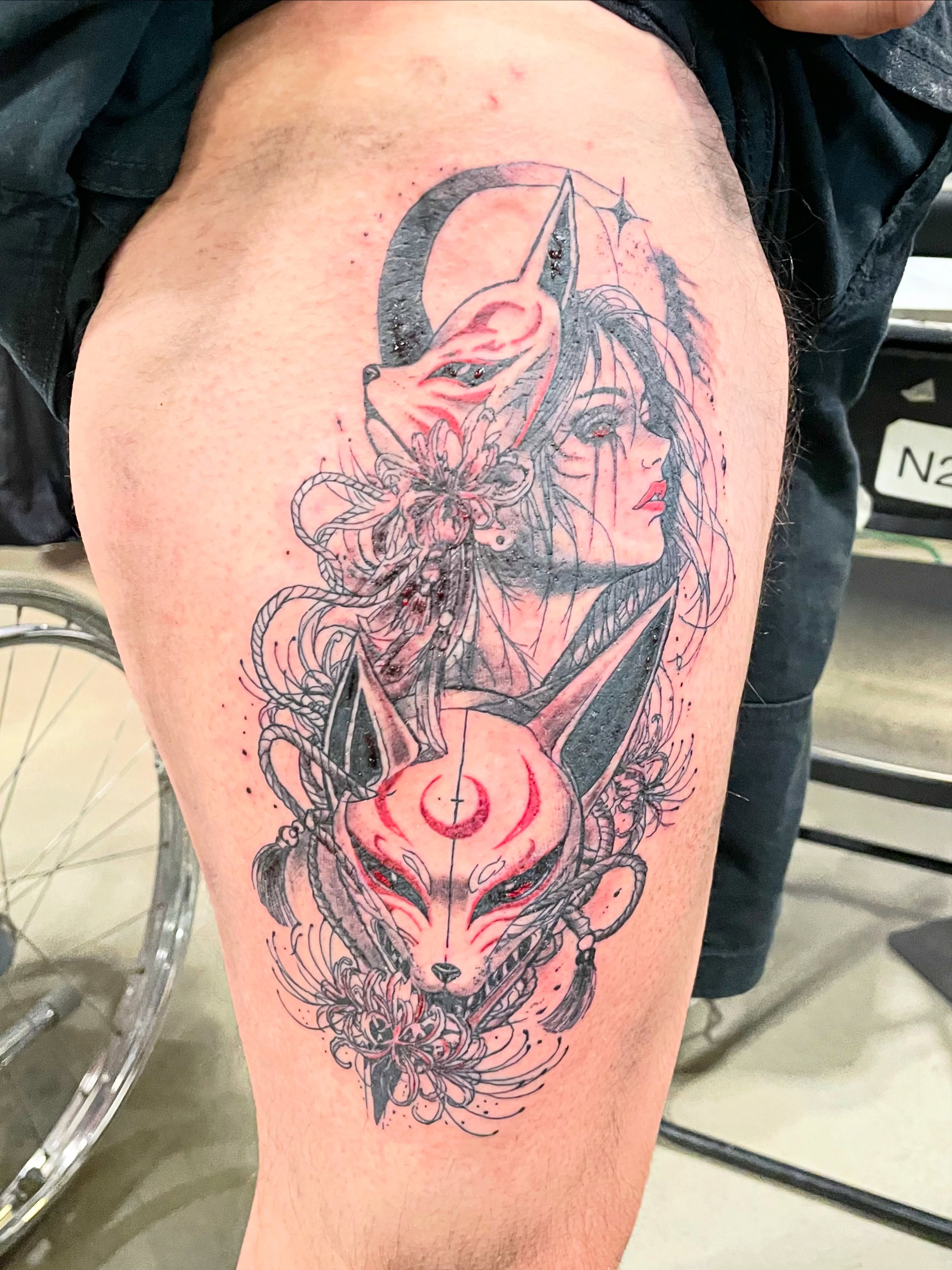 Fox and woman dotwork tattoo on the thigh by Emac, Baltimore, Maryland
