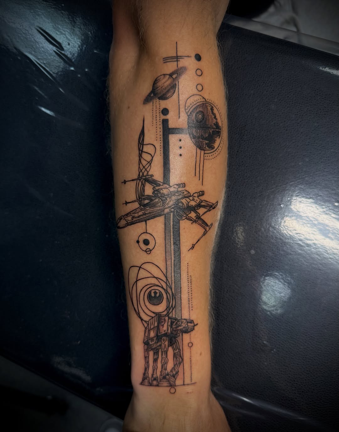Star Wars elements with geometric designs geometric tattoo on the forearm by sᴋᴇᴛᴄʜᴇᴅ