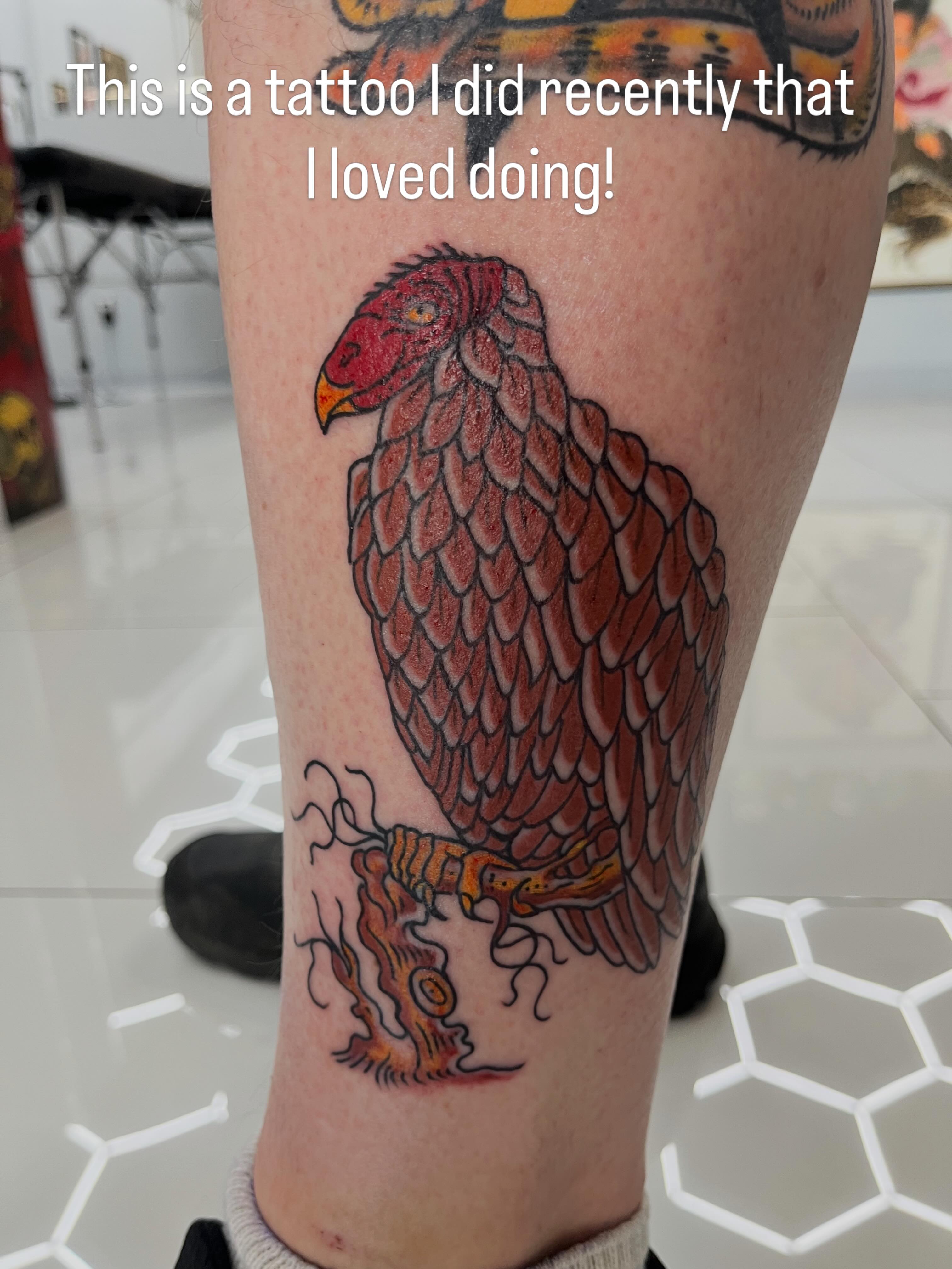 Vulture American traditional tattoo on the leg by Sour Tattoo, Somerville, Massachusetts