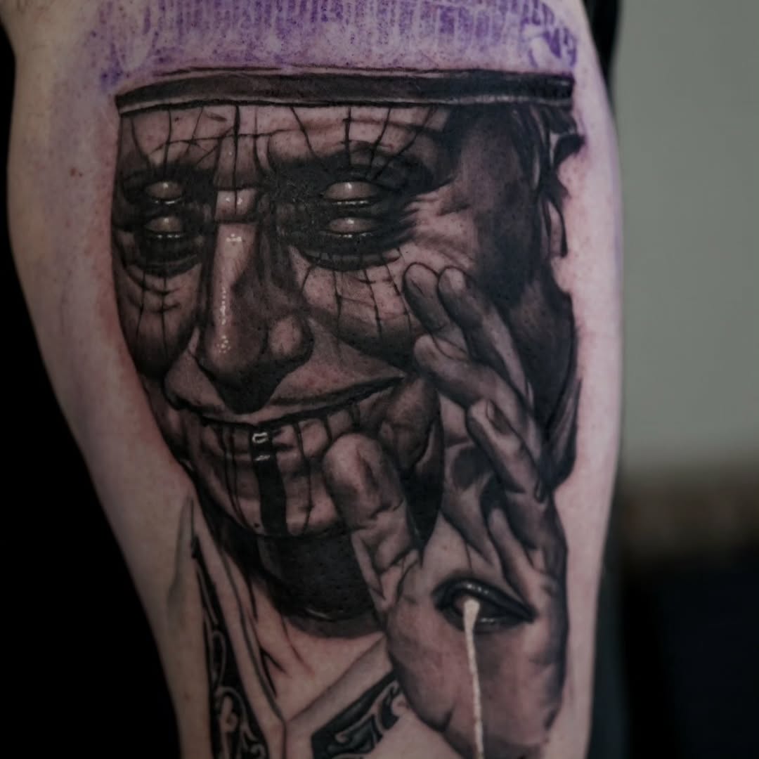 Tattoo by @dredd_tattoos — dark_realism, black_and_grey