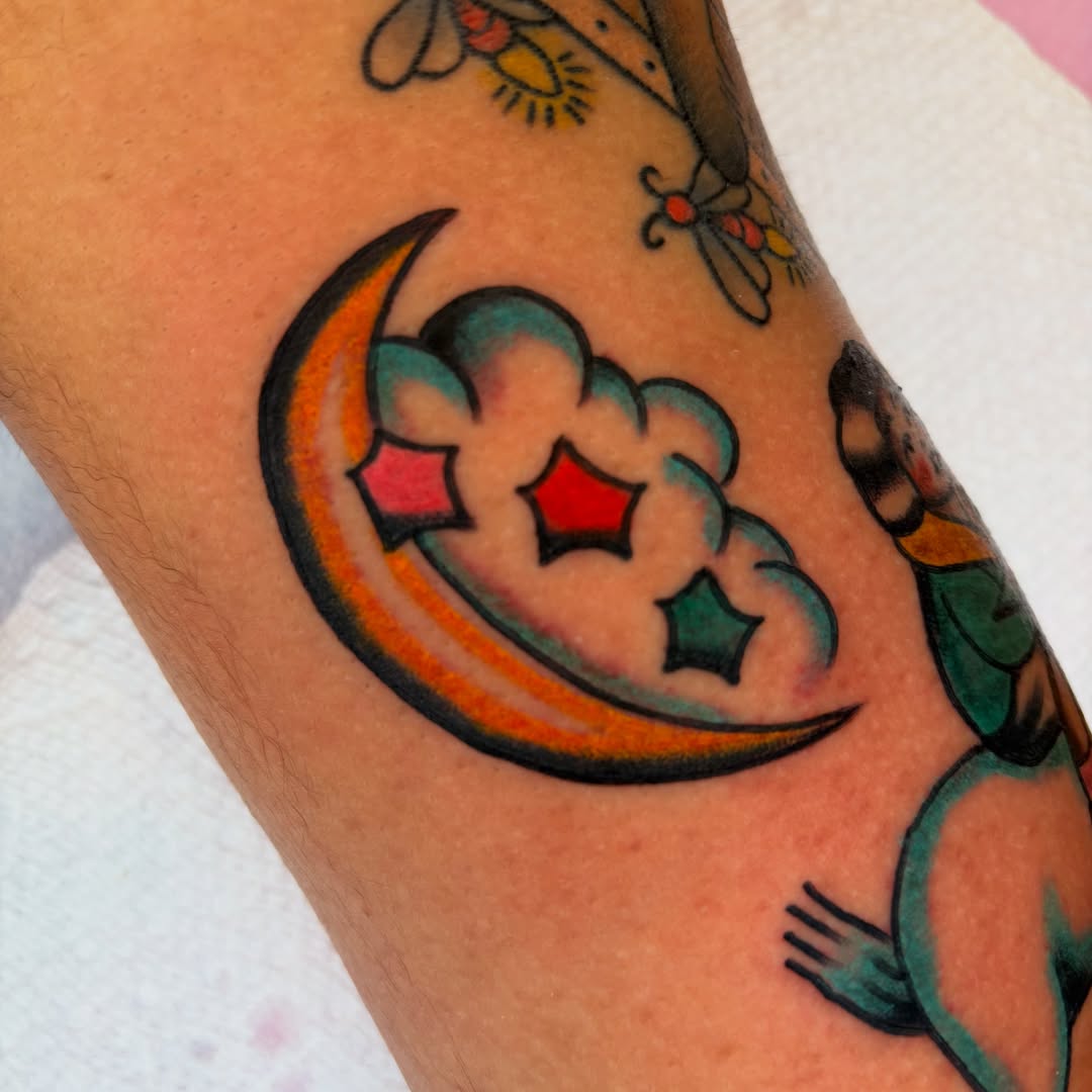 Moon and stars American traditional tattoo on the forearm by rachael