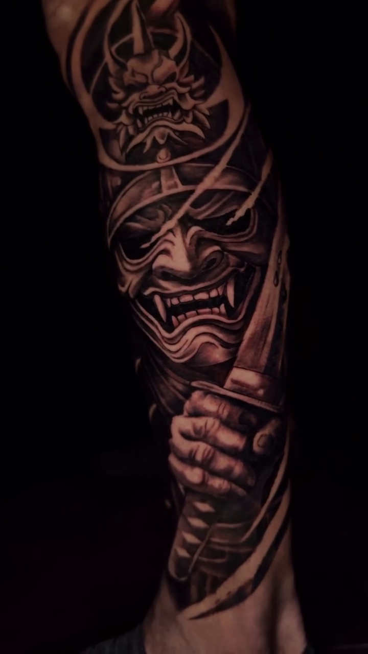 Oni mask and dagger japanese irezumi tattoo by Danny Aceves ✨ San Diego tattoo artist