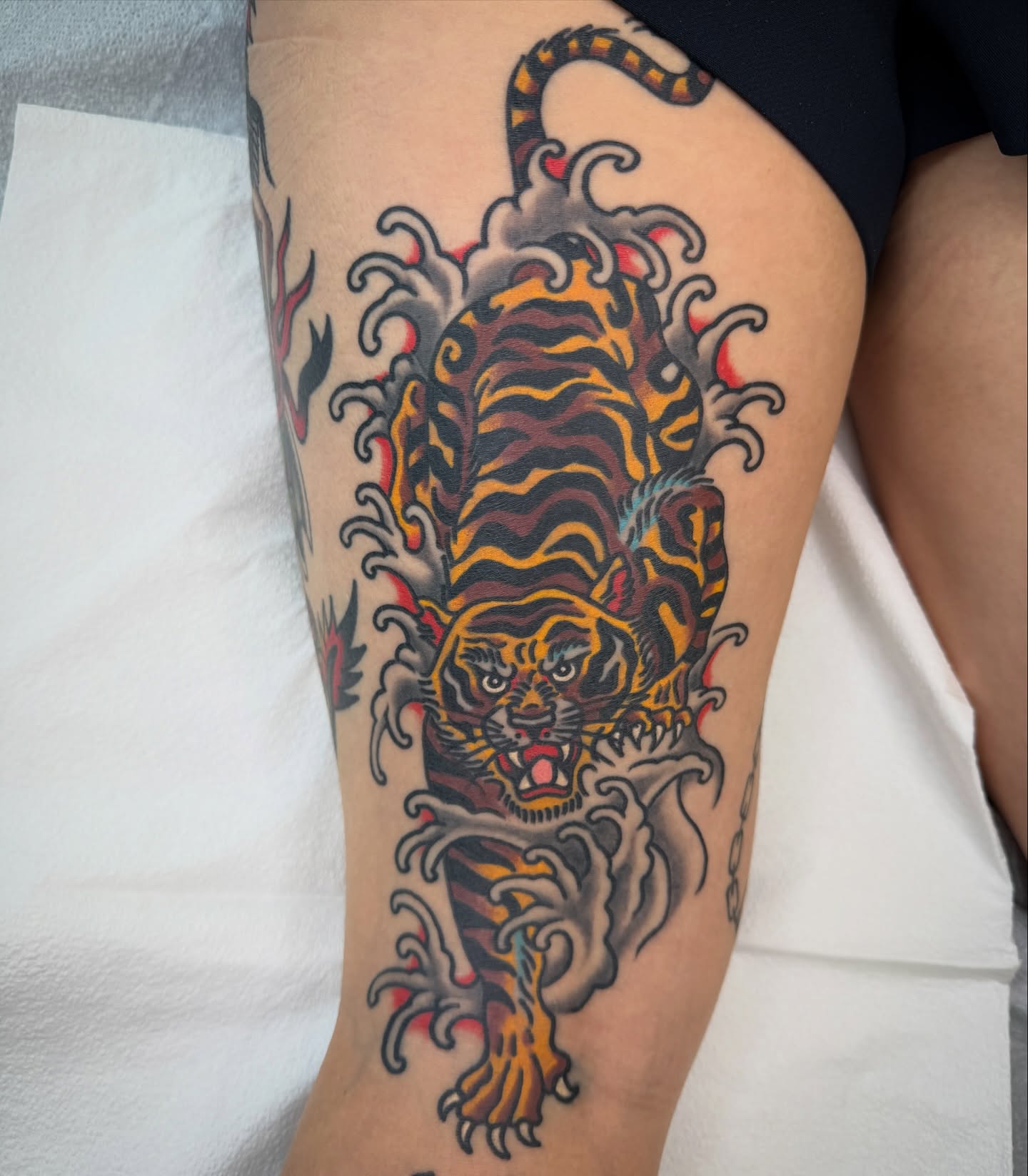 Tiger American traditional tattoo on the thigh by Nick Judkins Tattoo