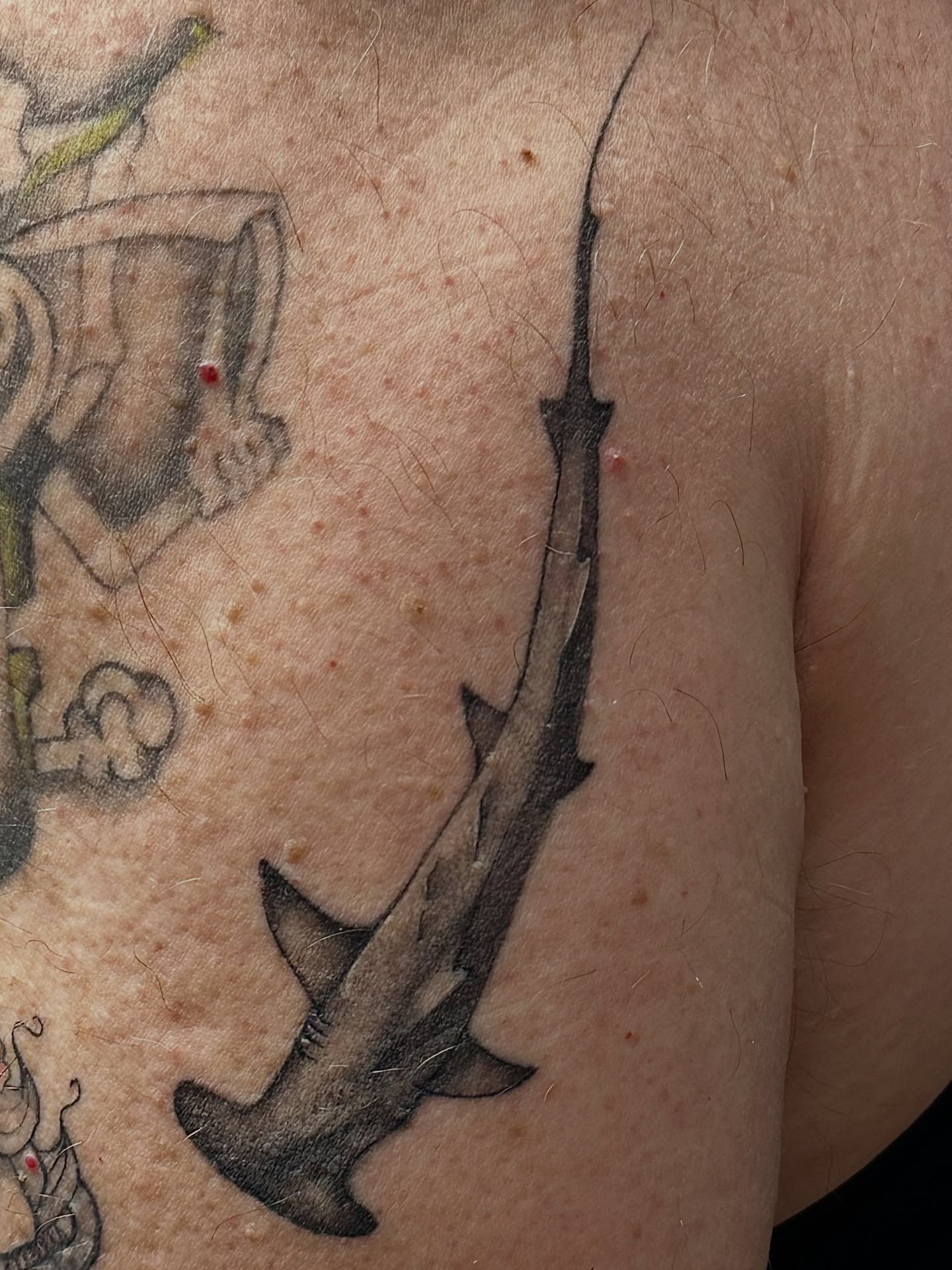 Hammerhead shark black and grey tattoo on the shoulder by Jocelyn