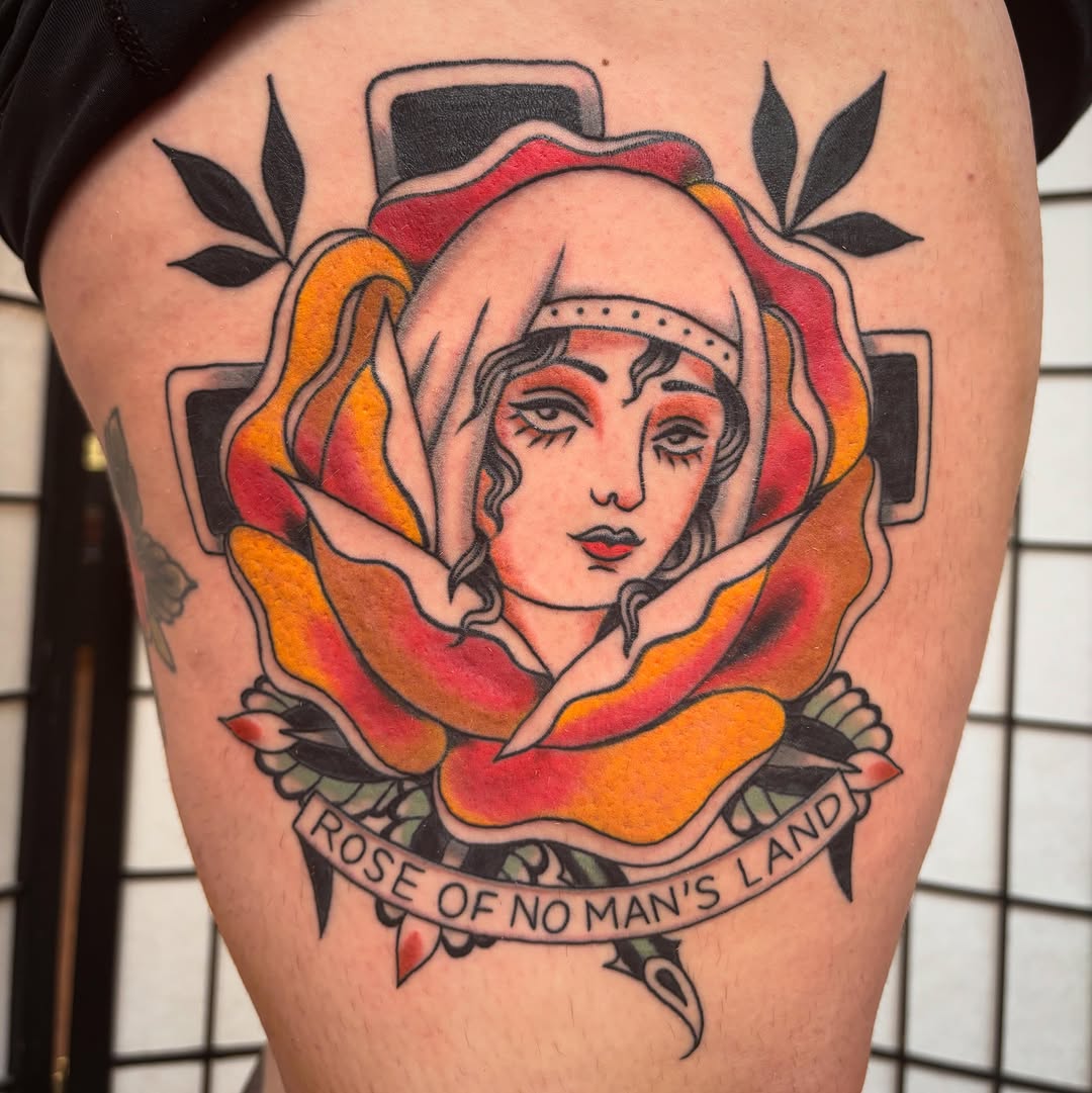 Neo-traditional tattoo on the thigh by dayton skuse, Portland, Oregon