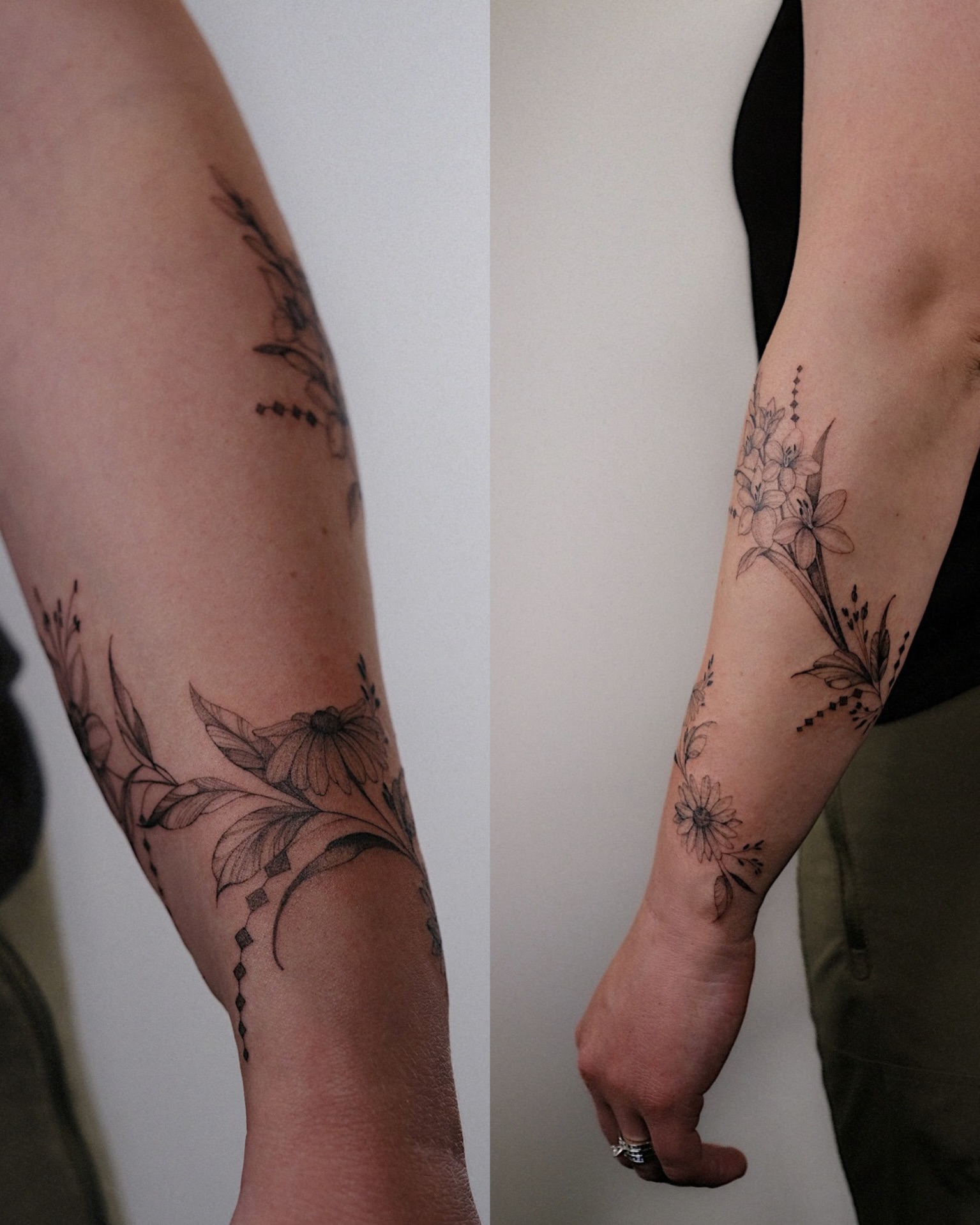 Floral arrangement black and grey tattoo on the forearm by Temple Adorned Tattoo