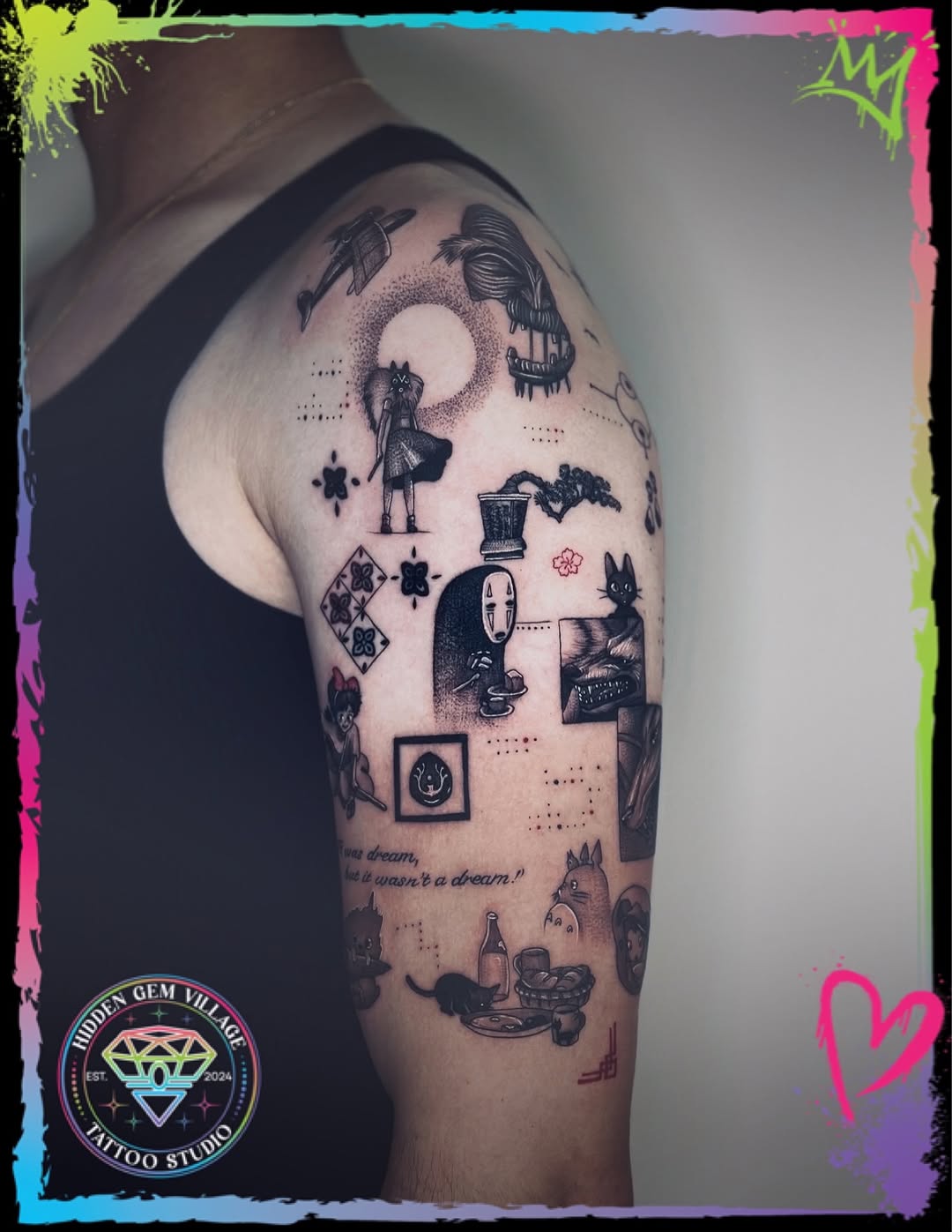 Ghibli characters and motifs anime tattoo on the shoulder by Hidden Gem Village Tattoo Studio ๐