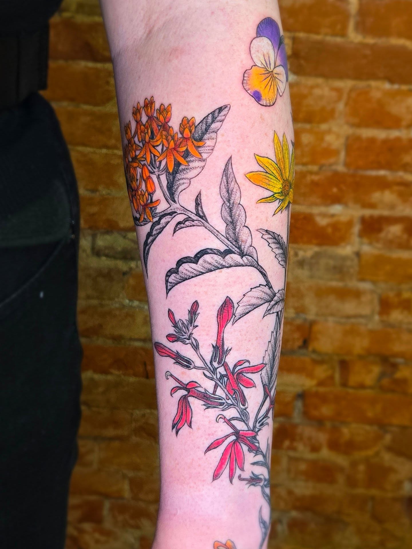 Botanical flowers black and grey tattoo on the forearm by bird ✦ tattoo artist ✦ philadelphia
