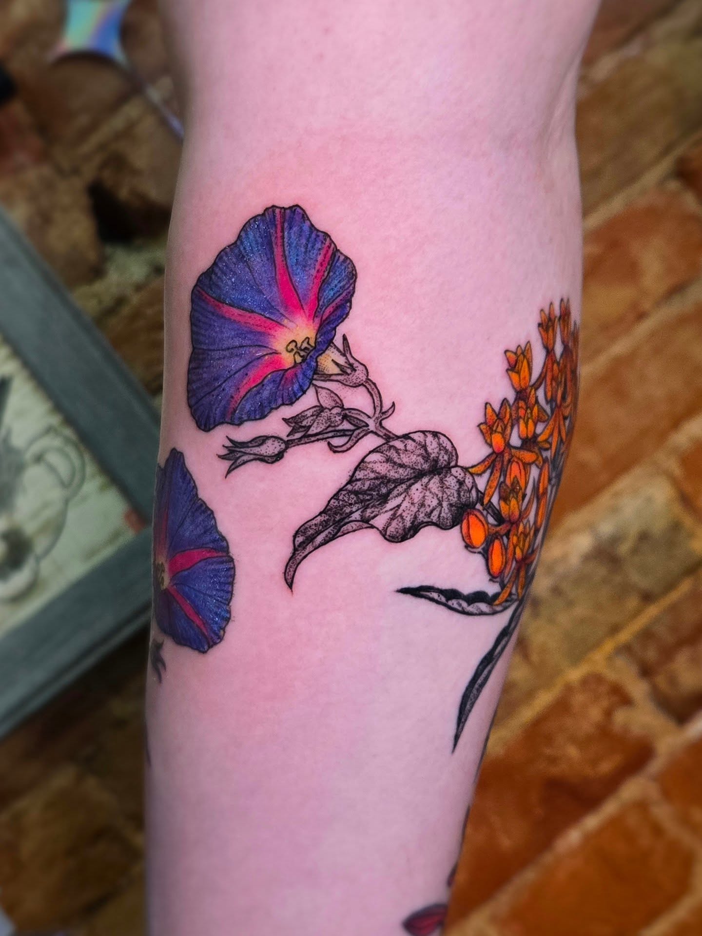 Morning glory and butterfly weed realism tattoo on the forearm by bird ✦ tattoo artist ✦ philadelphia