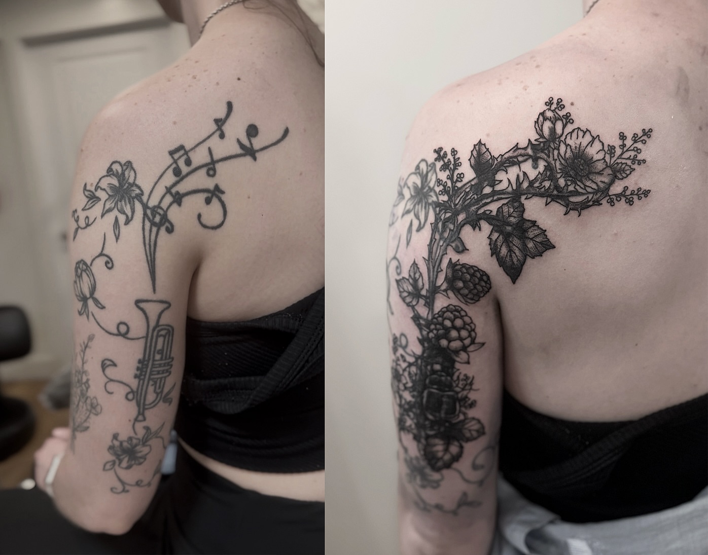 Floral and musical motifs ornamental tattoo on the shoulder by Tattoo Artist, Philadelphia, Pennsylvania