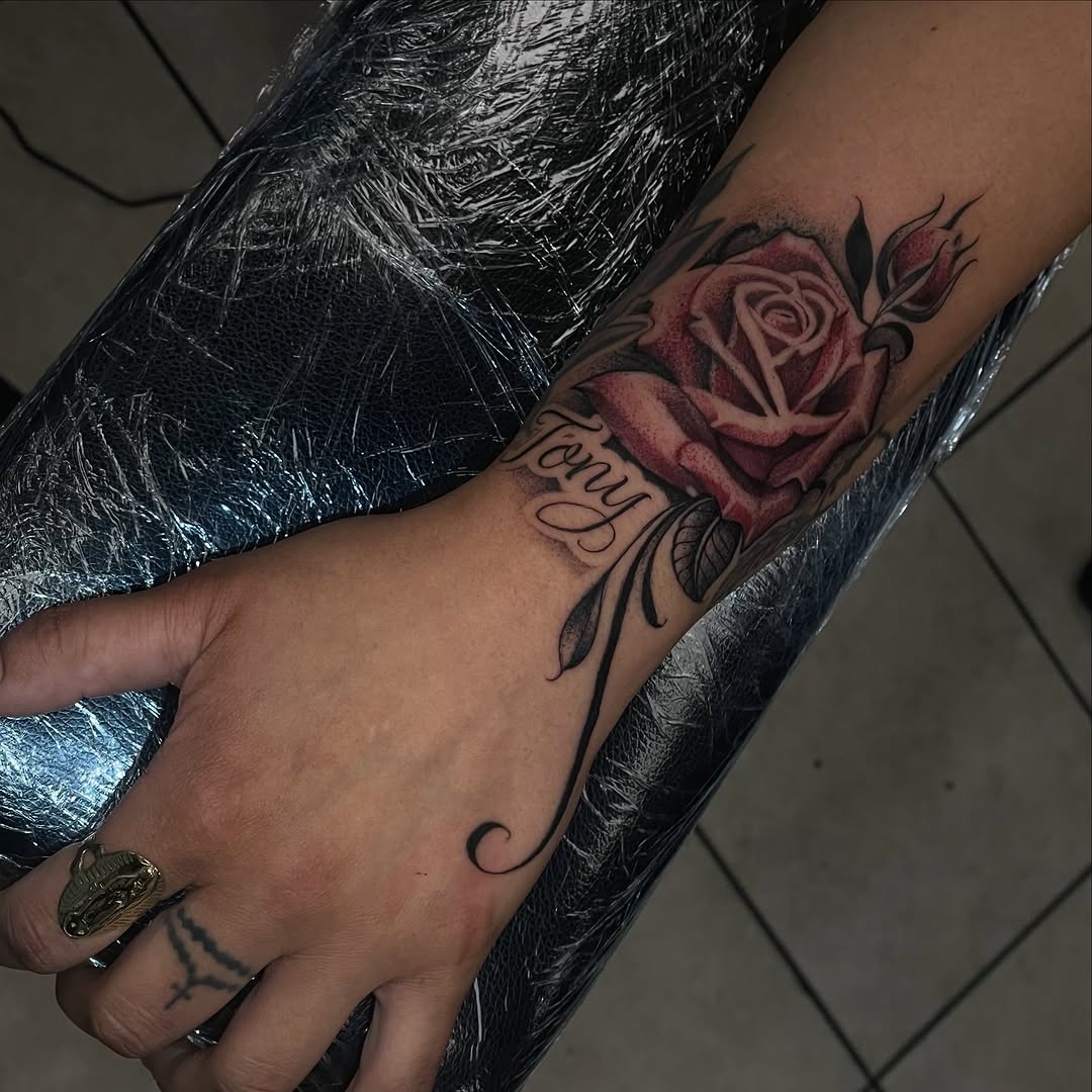 Rose with name neo-traditional tattoo on the forearm by Shadoww Espinoza