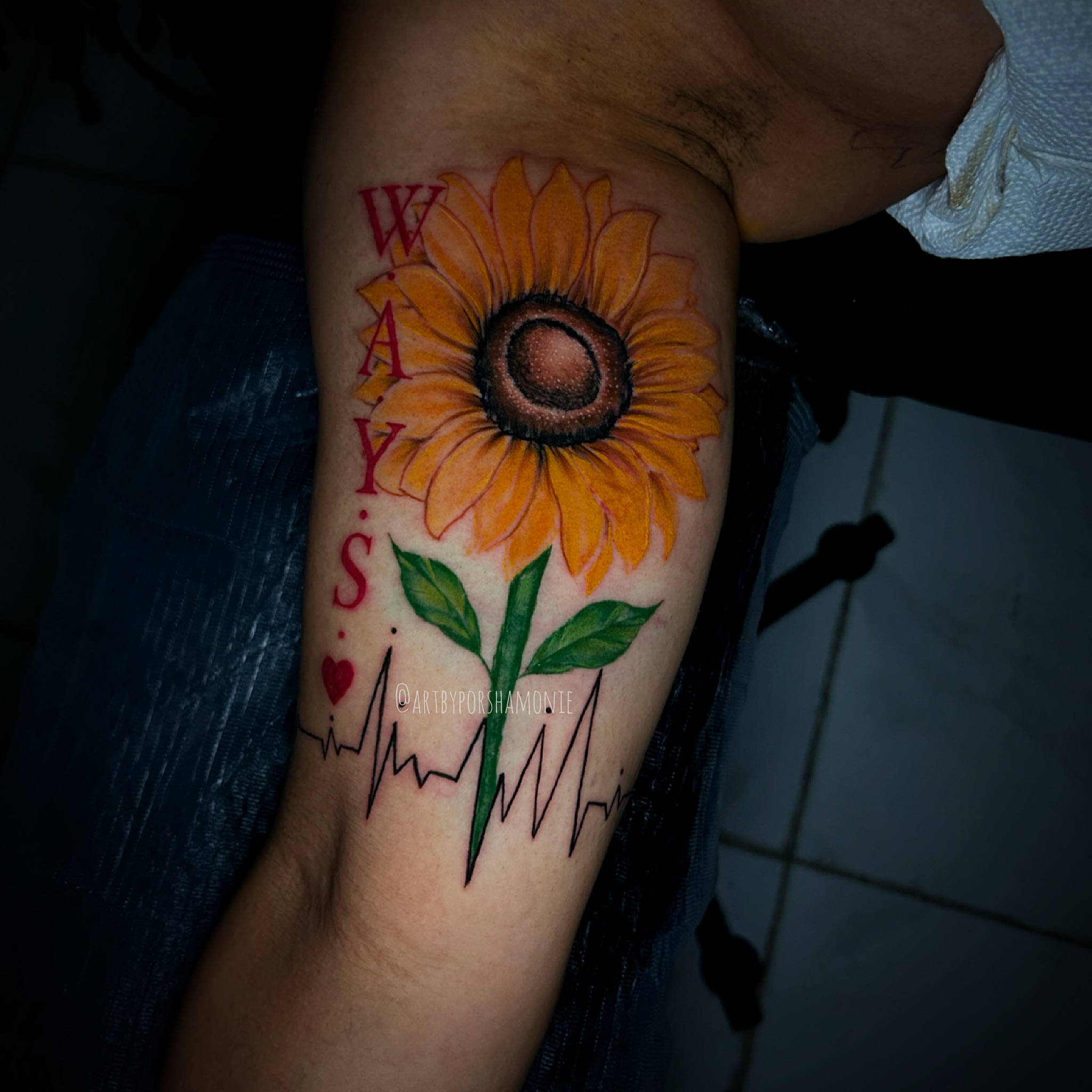 Sunflower realism tattoo on the forearm by Porshamonie' THE Tattoo ARTIST