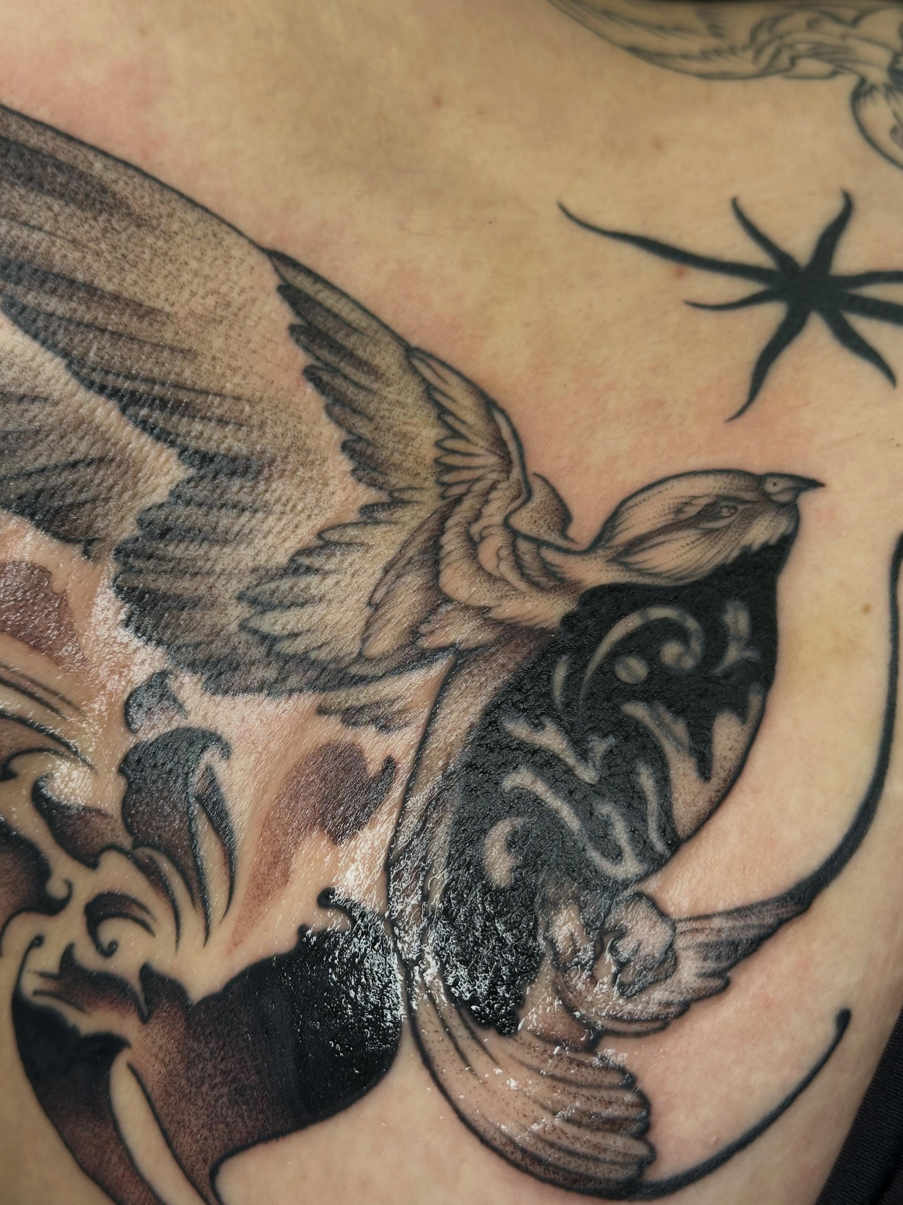 Bird and fish black and grey tattoo on the chest by 𝔅𝔞𝔱𝔅𝔬𝔫𝔢 🦇Mariah Hernandez