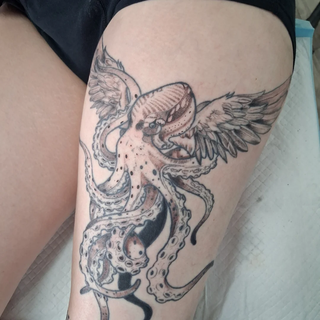 Octopus with wings dotwork tattoo on the thigh by James Ostler