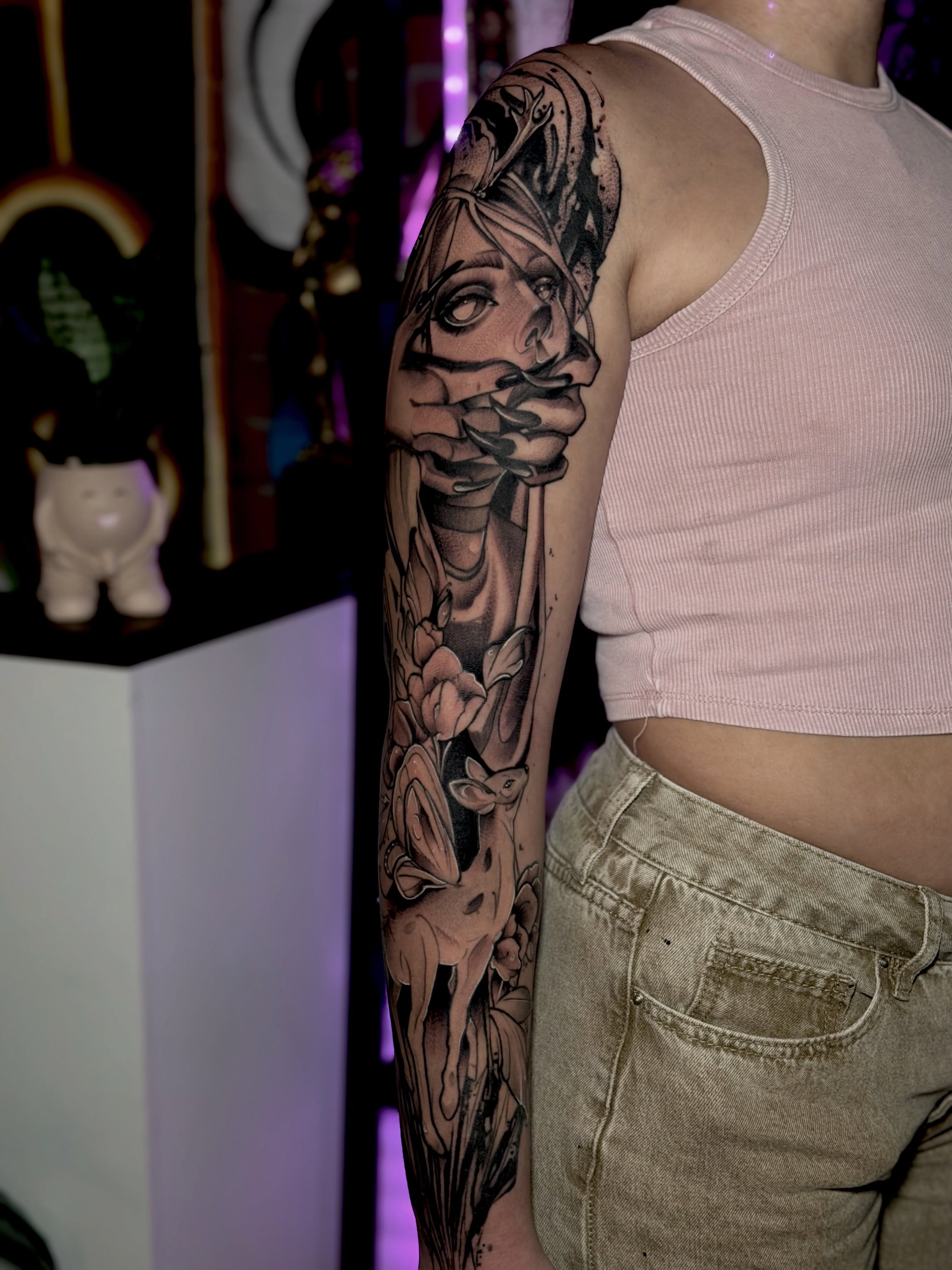 Woman with flowers realism tattoo on the forearm by Keyla Valdes, Miami, Florida