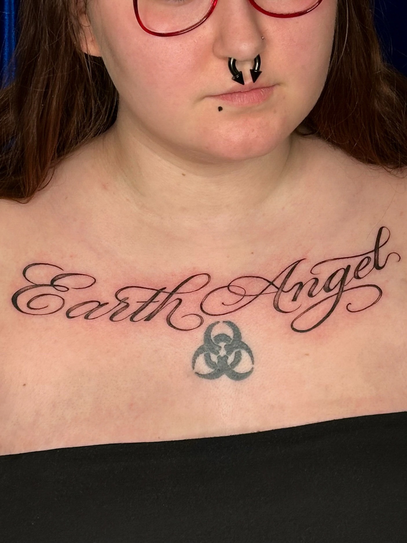 Earth Angel lettering script tattoo on the chest by ๐ฐ ๐ต๐๐๐๐๐ ๐ฐ