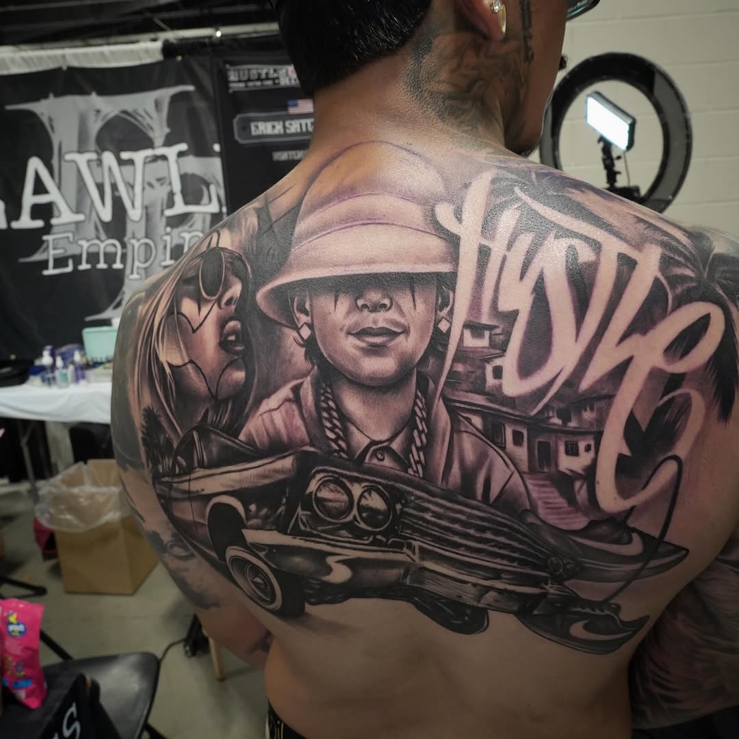 Gangster and car realism tattoo on the back by Erick Satchell II