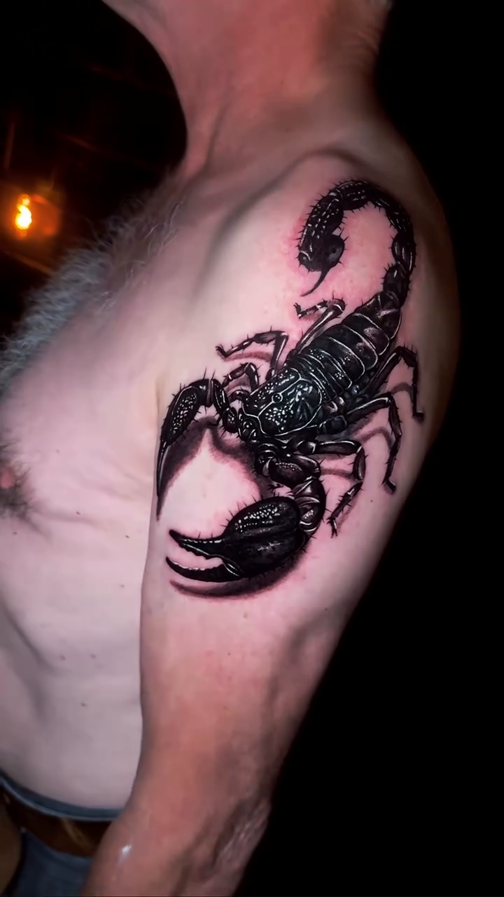 Scorpion tattoo fine line tattoo on the shoulder by πΈπππ πππ€