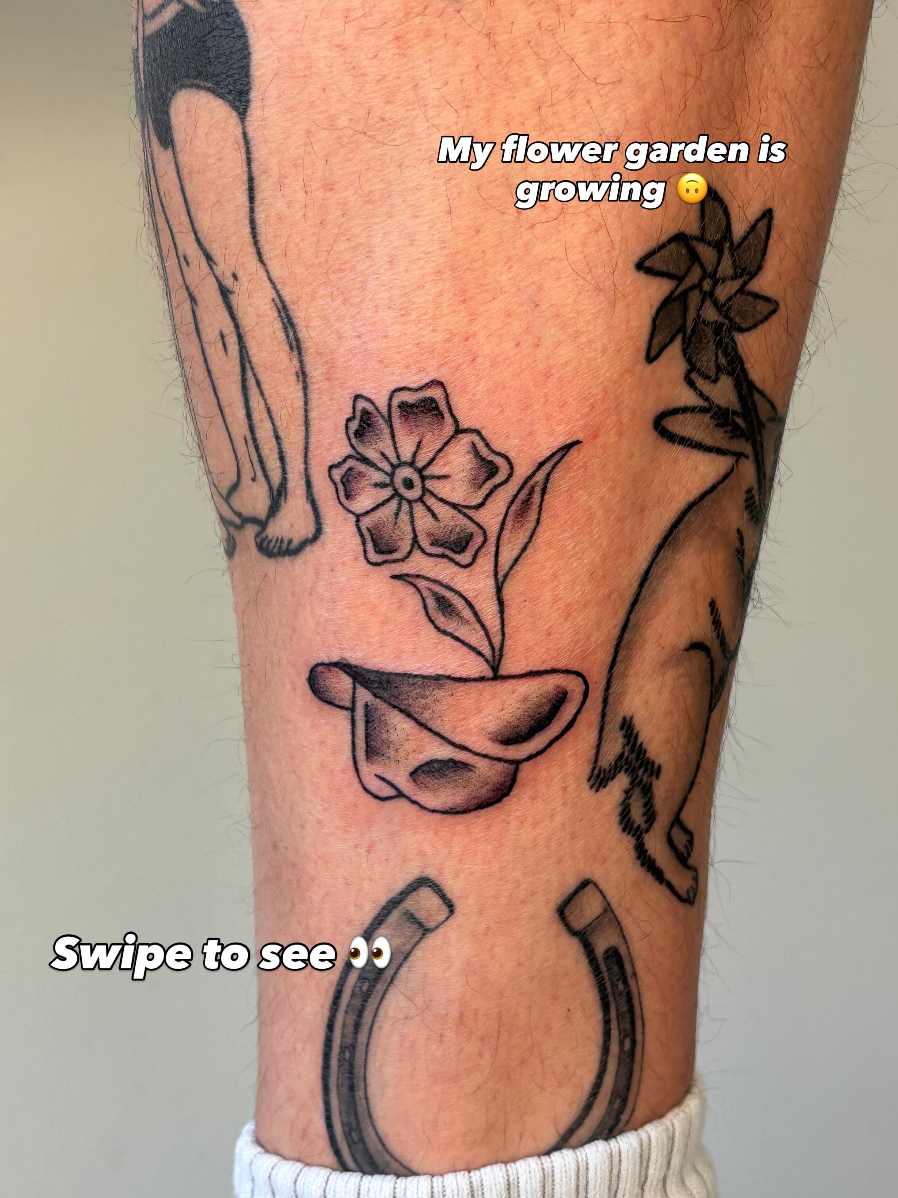 Flower pot and flower black and grey tattoo on the forearm by Topher Belmont