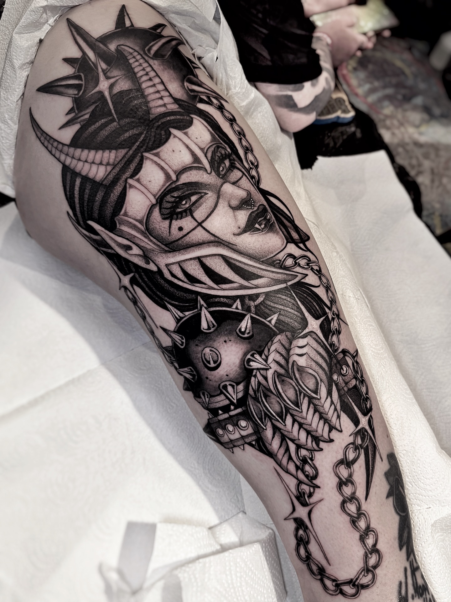 Tattoo by @ninjakixxtattoo — black_and_grey, dark_realism