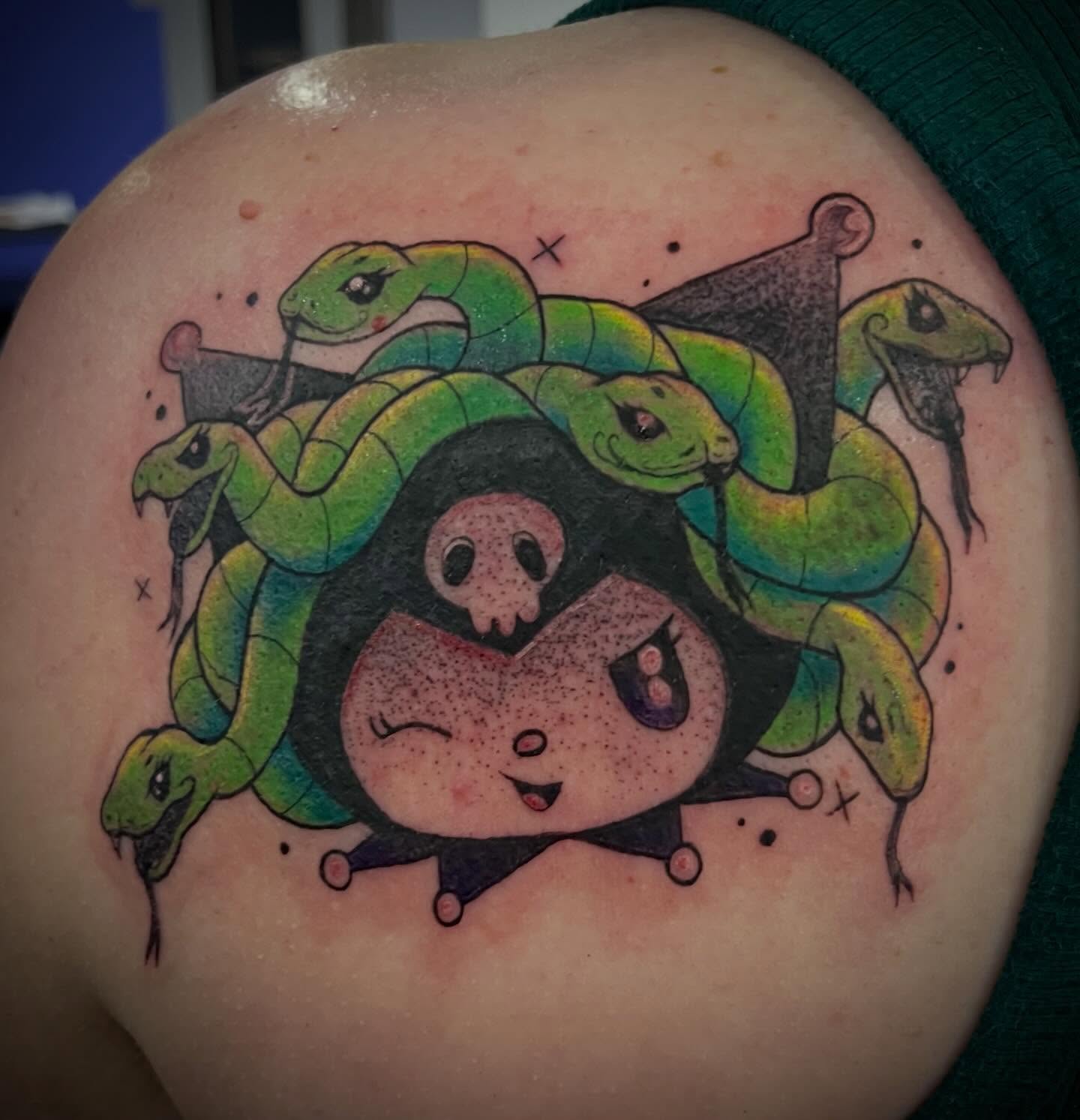 Medusa dotwork tattoo on the shoulder by Freya Petersen