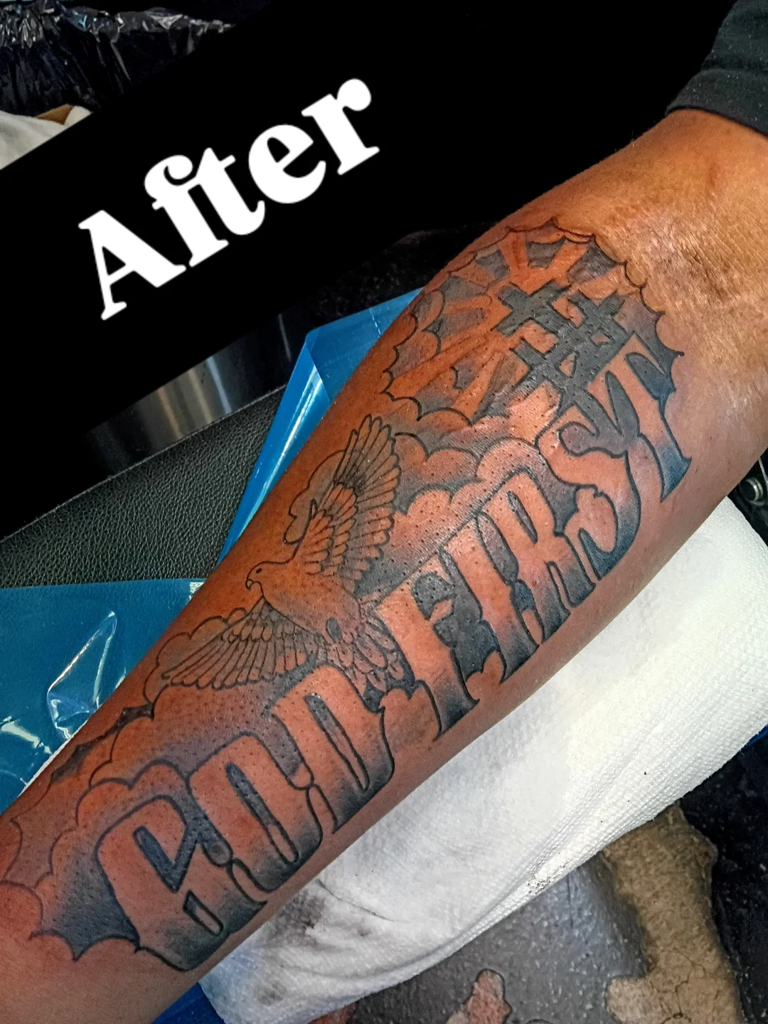 Bird and text American traditional tattoo on the forearm by Rando Rad