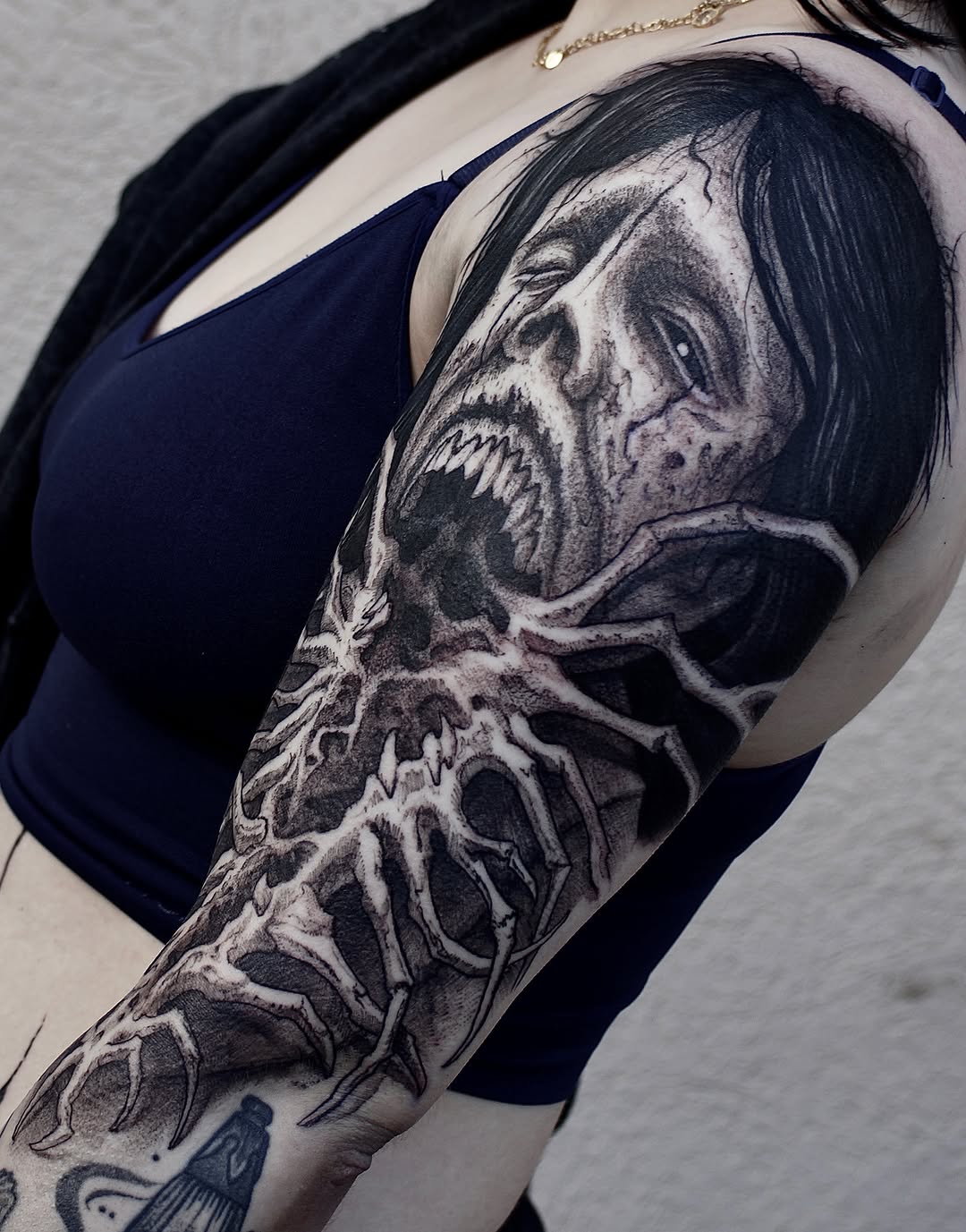 Tattoo by @bloodstonetattoos — dark_realism, black_and_grey