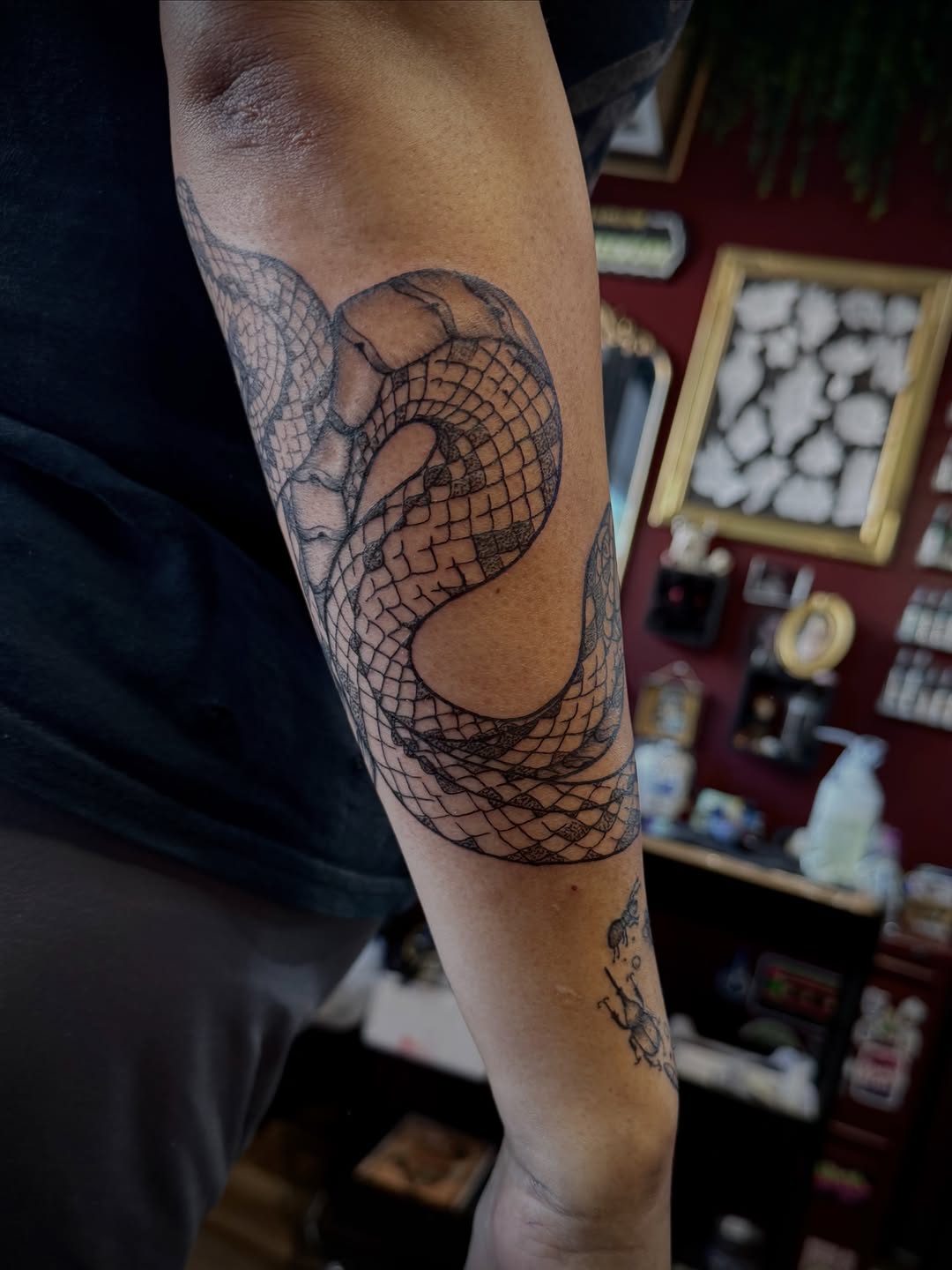 Tattoo by @steviesbook — black_and_grey, dotwork