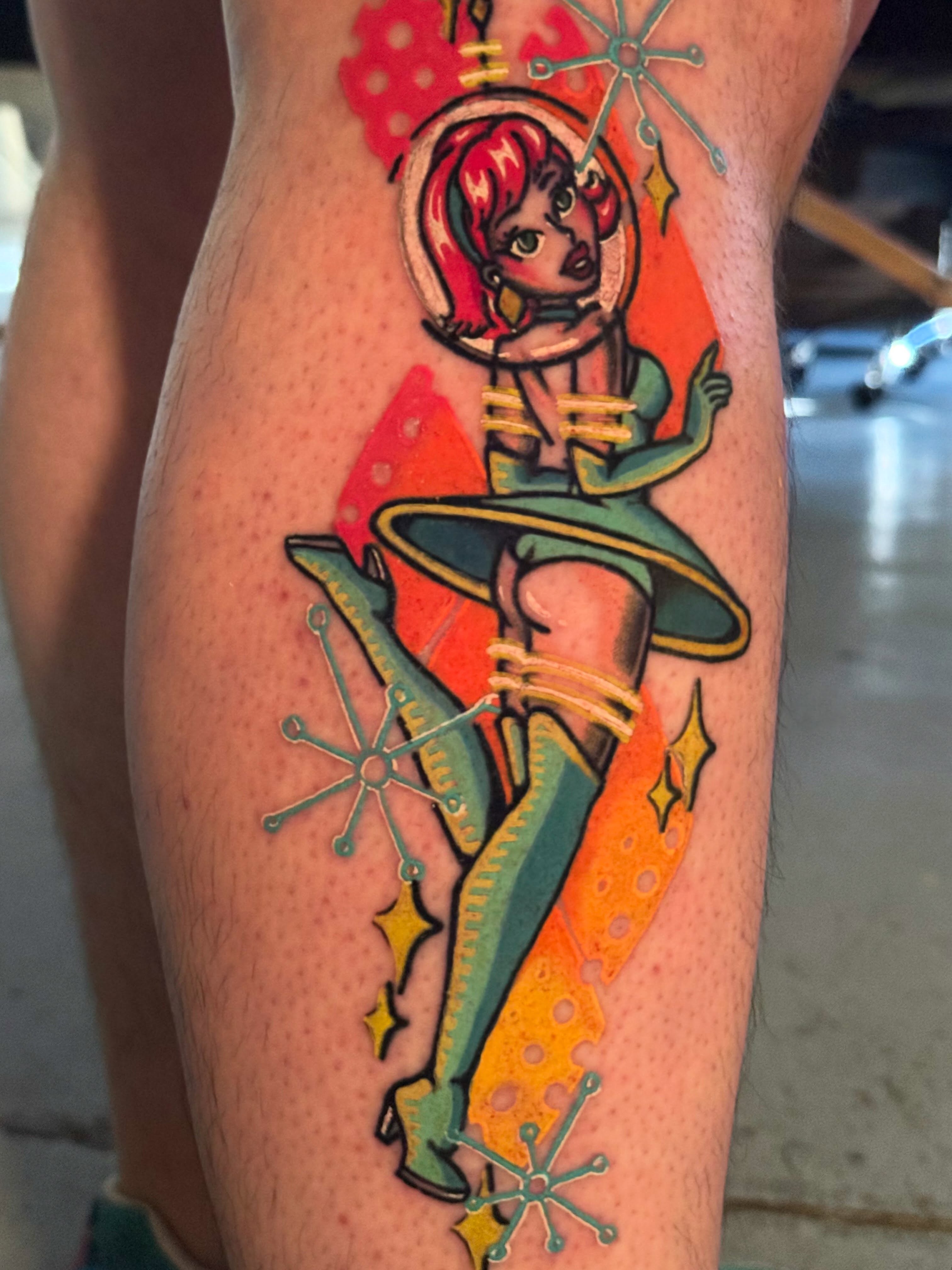 Space girl new school tattoo on the thigh by Mackz