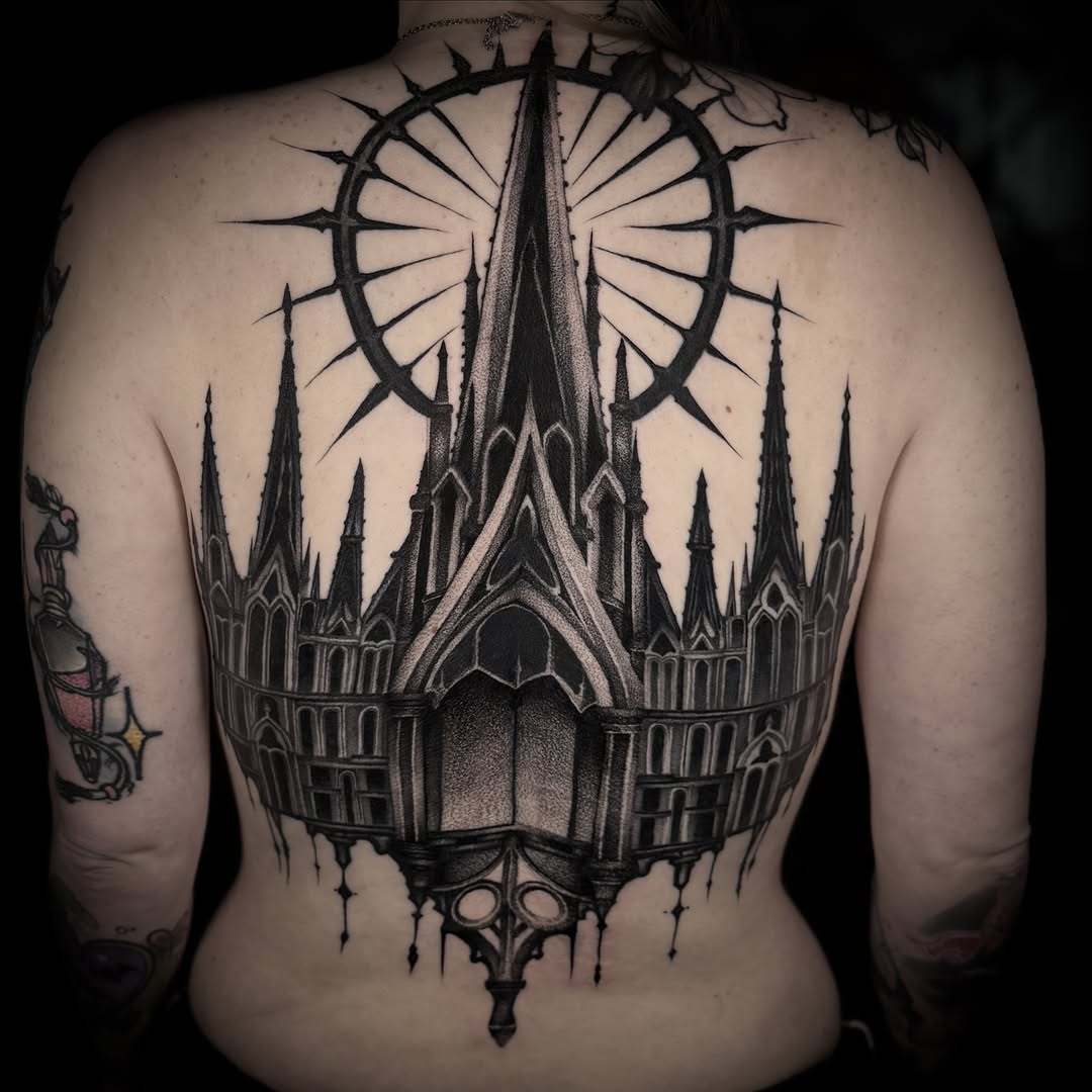 Gothic cathedral dark art tattoo on the back by miami tattoo artist