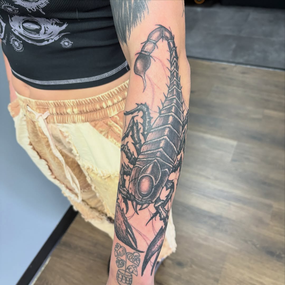 Scorpion black and grey tattoo on the forearm by Jack Ferreri
