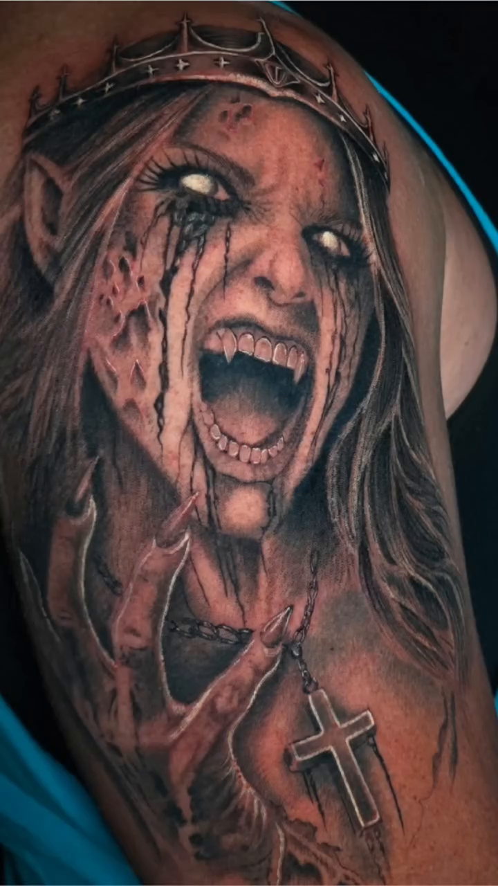 Demonic woman and crown dark realism tattoo by Anna Brittany